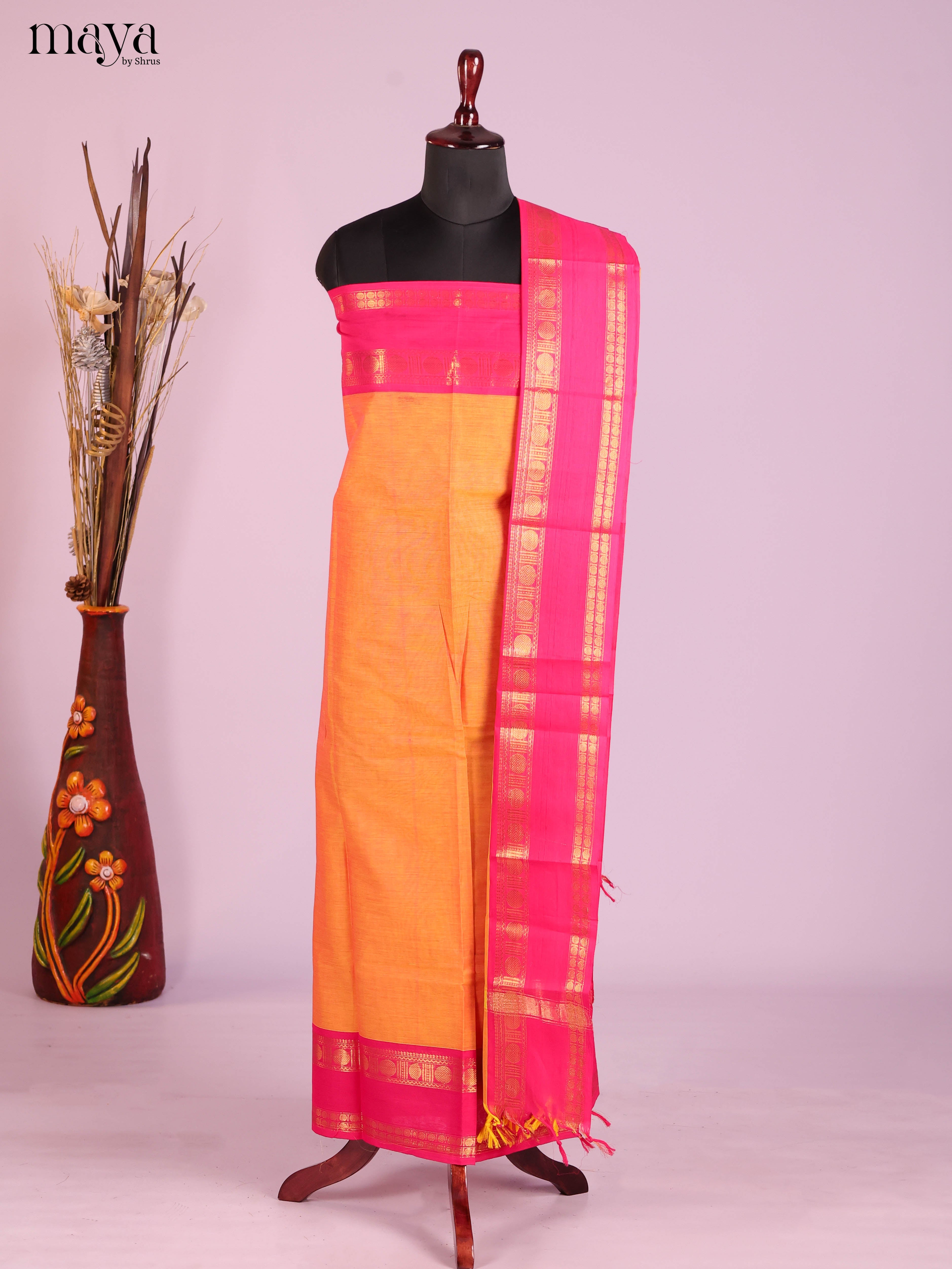 Exquisite Mustard Chettinad Cotton Top & Dupatta Set With Rettaipet Border