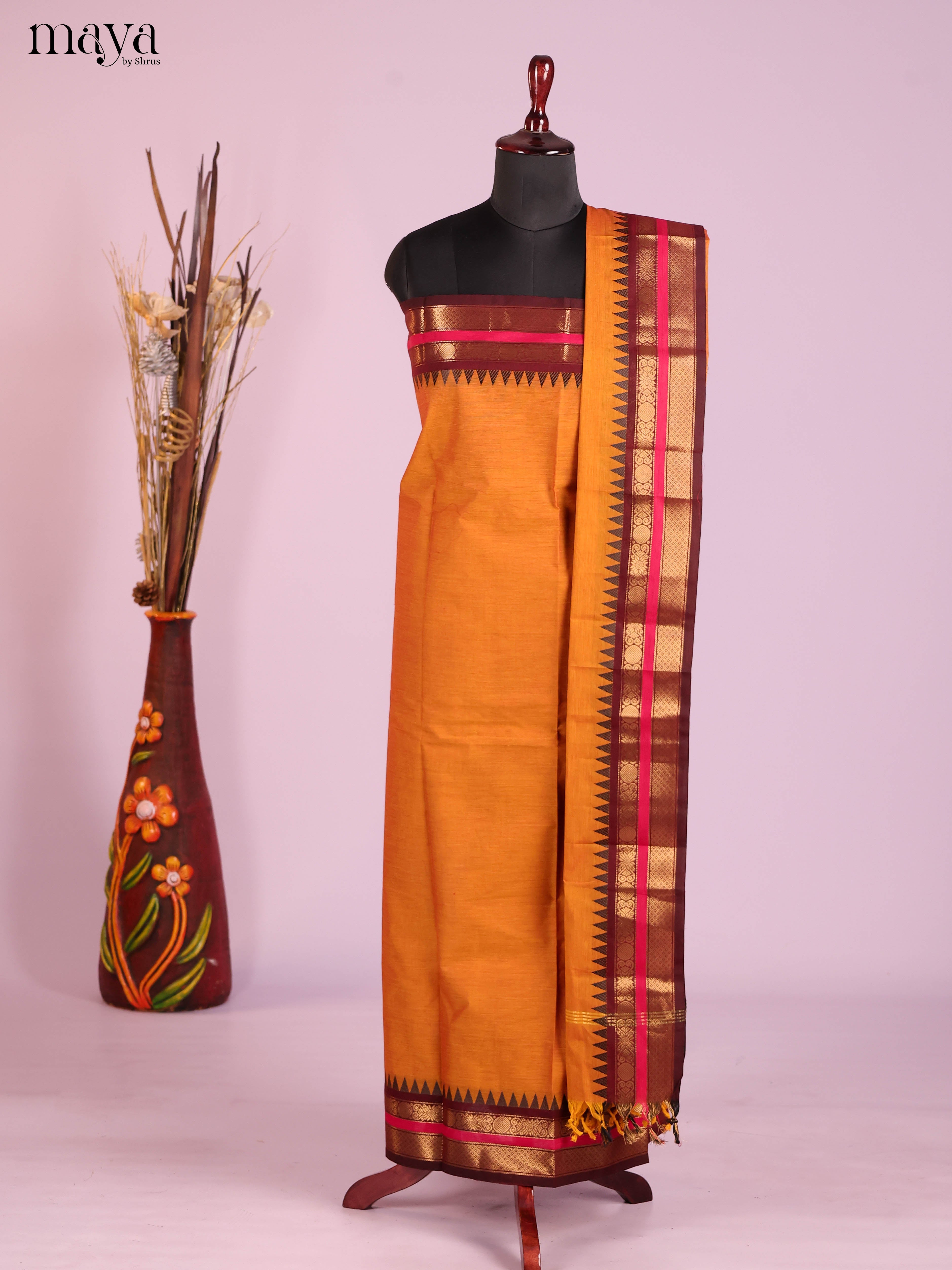 Comfy Mustard Chettinad Top & Dupatta Set With Brown Zari Border