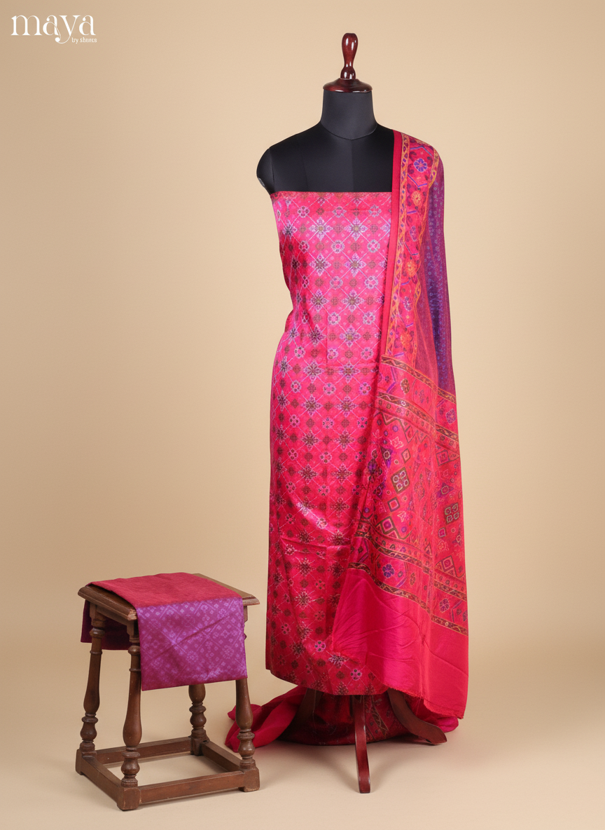Stylish Pink Semi Patola Salwar Suit Material With Floral Pattern
