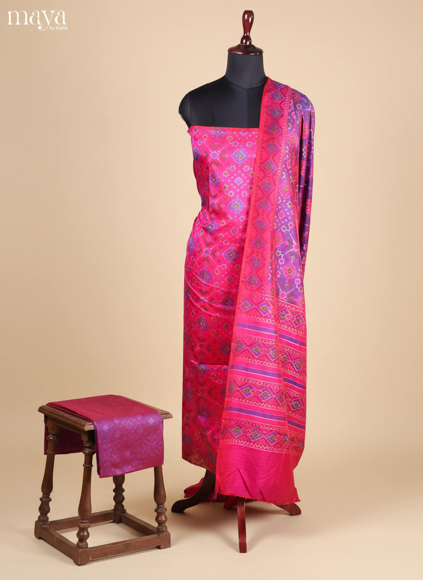 Beautiful Pink Semi Patola Salwar Suit Material With Floral Motifs