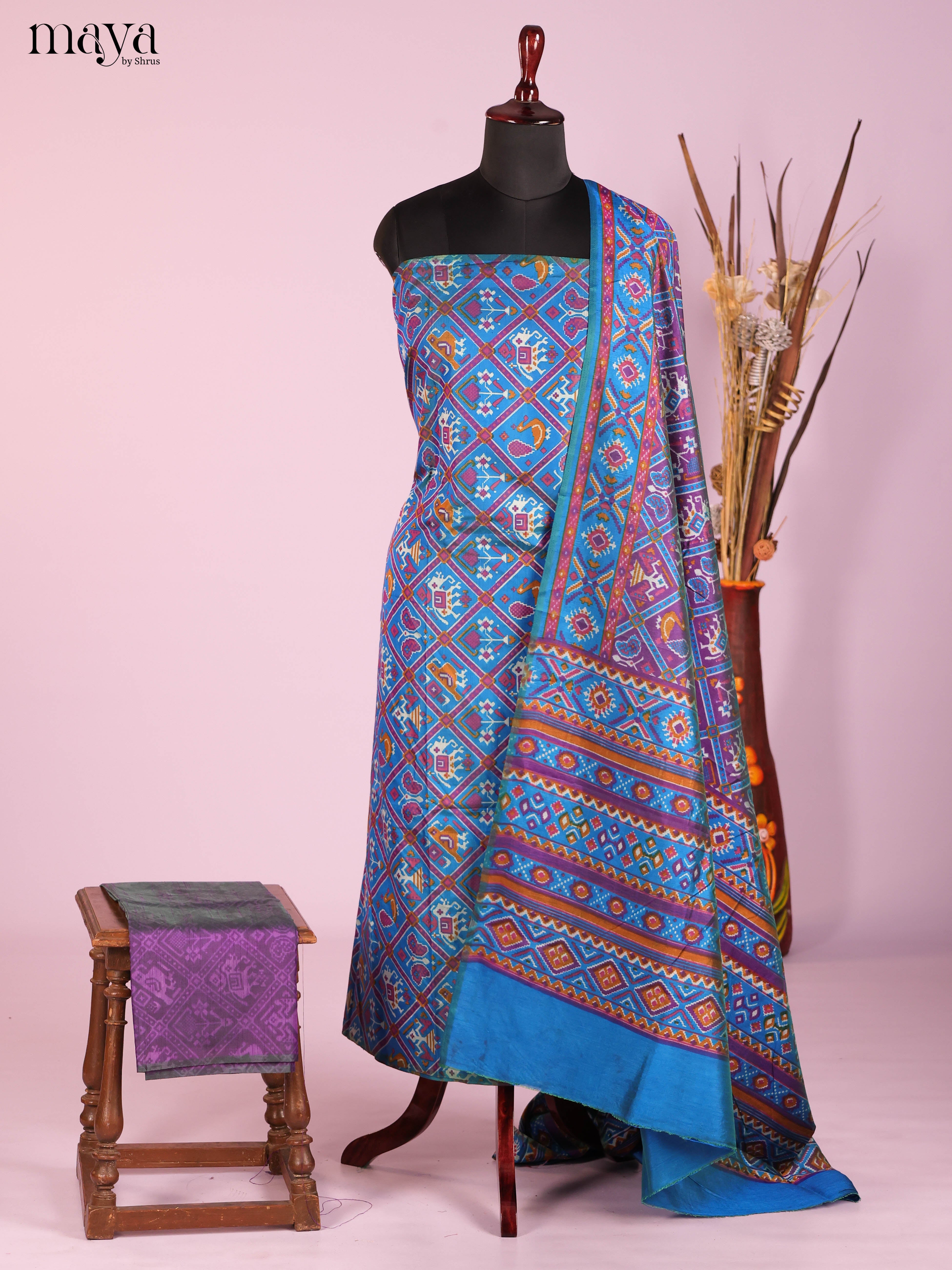 Stunning Blue Semi Patola Salwar Suit Material With Intricate Motifs