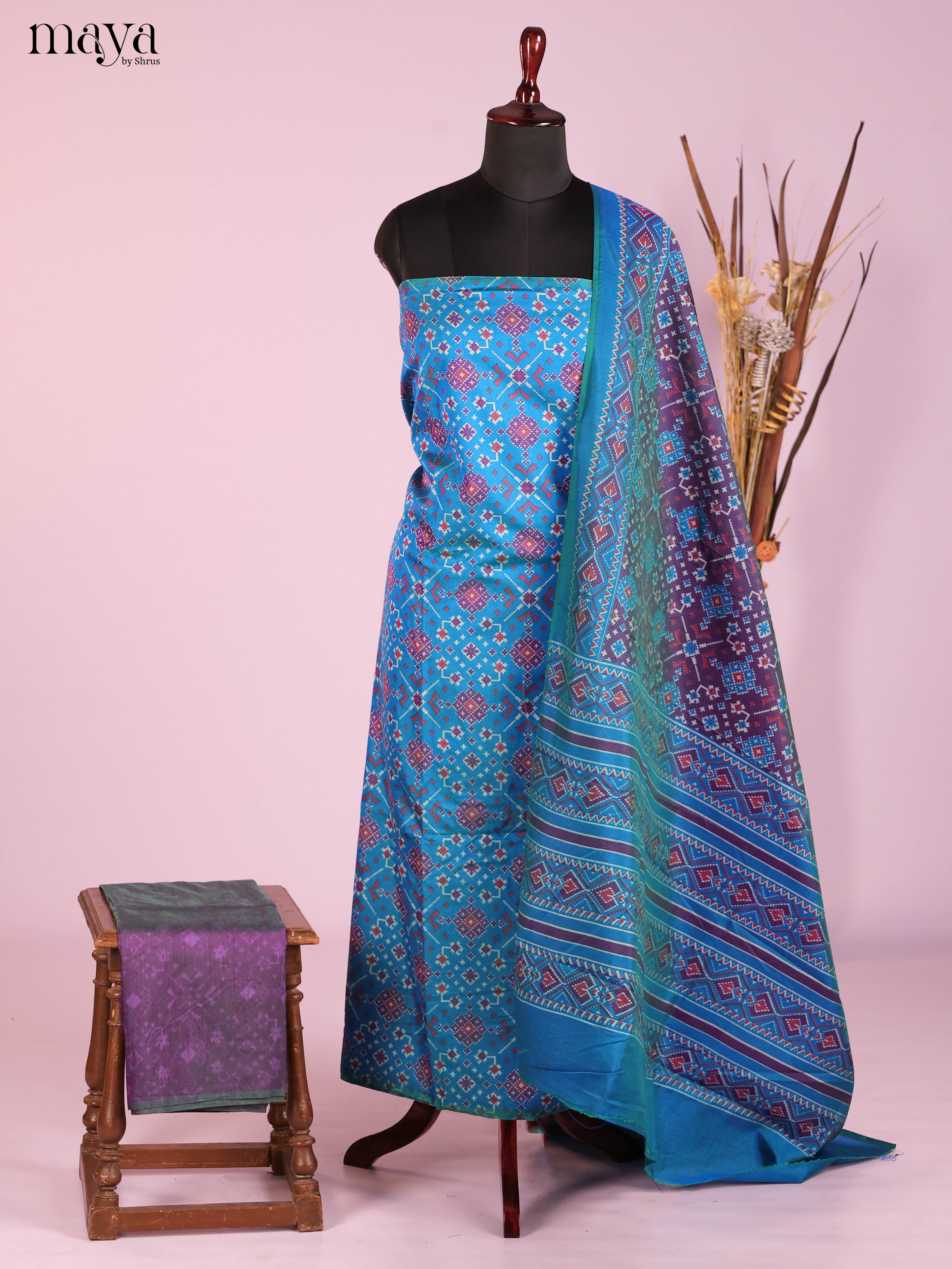 Chic Blue Semi Patola Salwar Suit Material With Floral Motifs