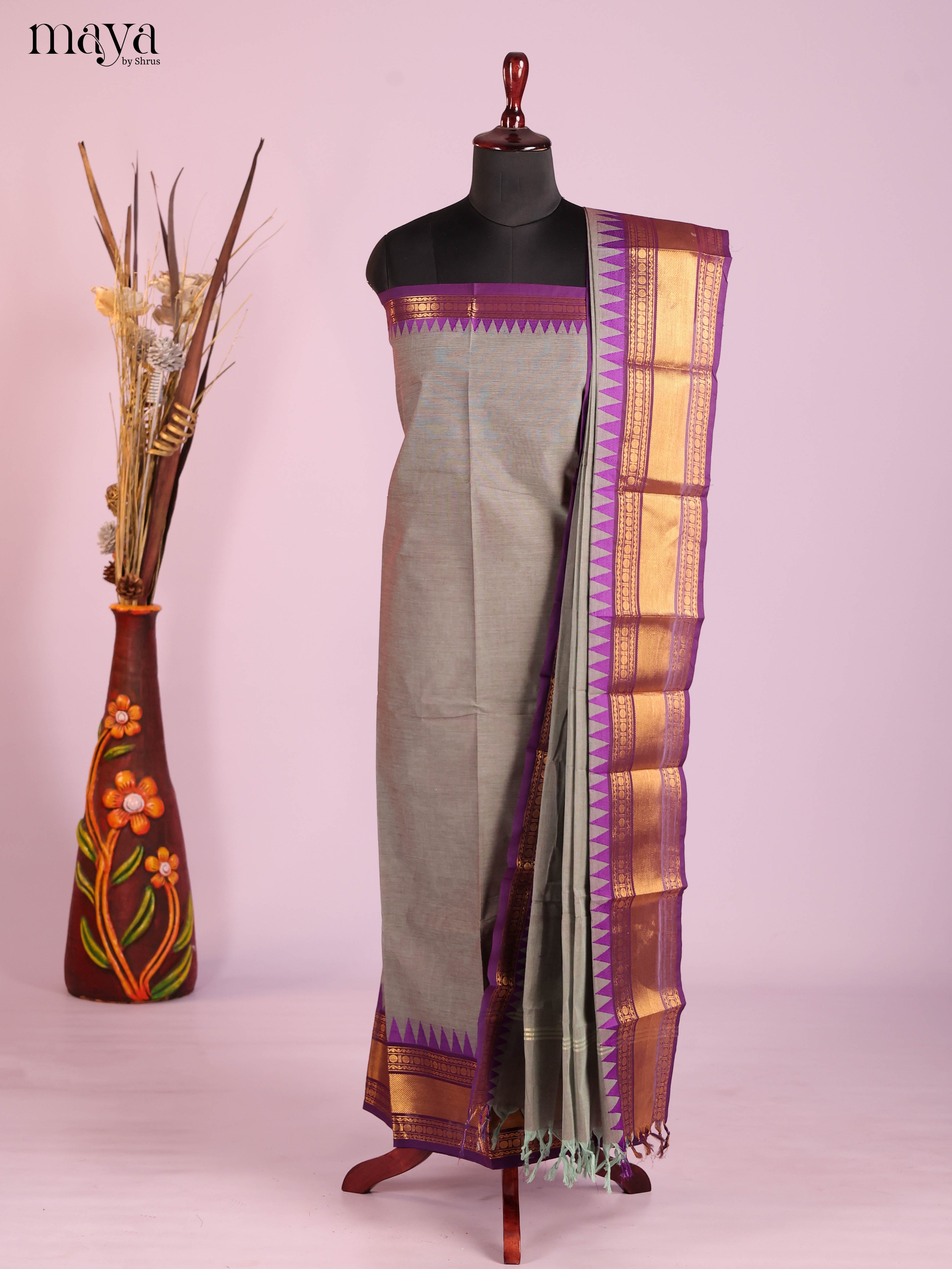 Elegant Grey Chettinad Cotton Salwar Material with Purple Border