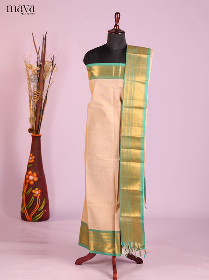 Breezy Cream Chettinad Cotton Top & Dupatta Set With Teal Zari Border