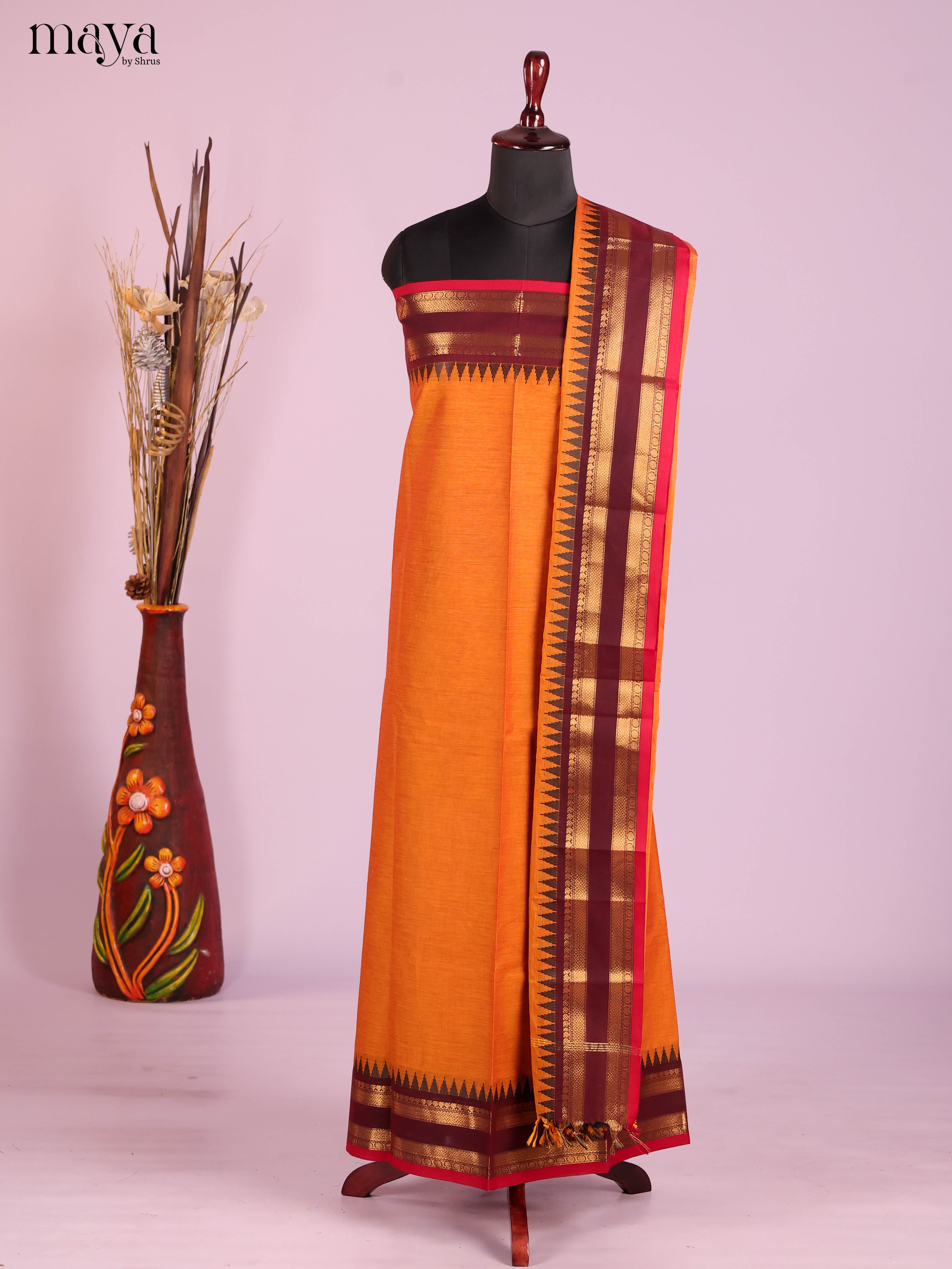 Vibrant Orange Chettinad Cotton Top & Dupatta Set With Maroon Zari Border