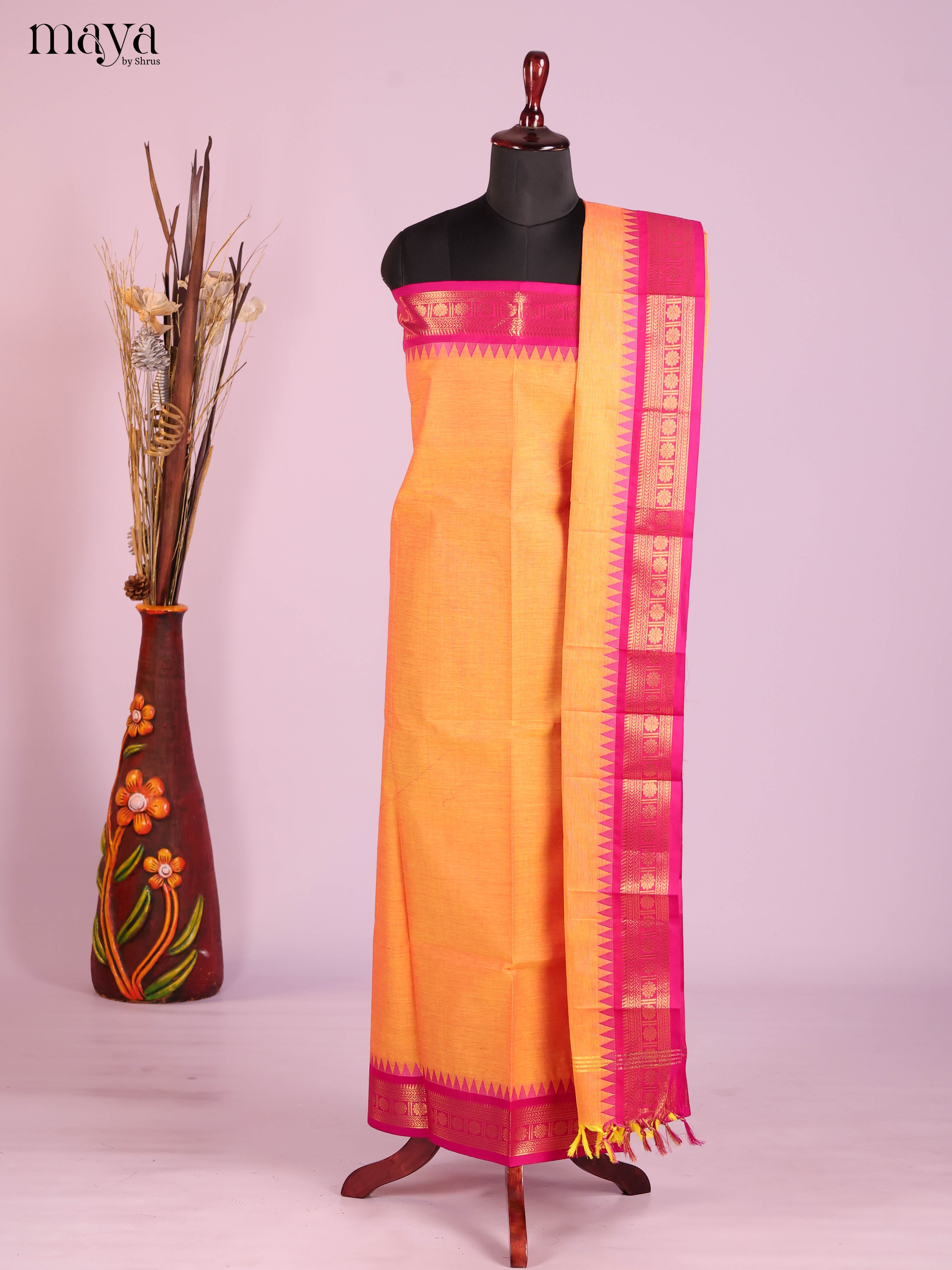 Ethnic Orange chettinad top & dupatta Material With Zari Border