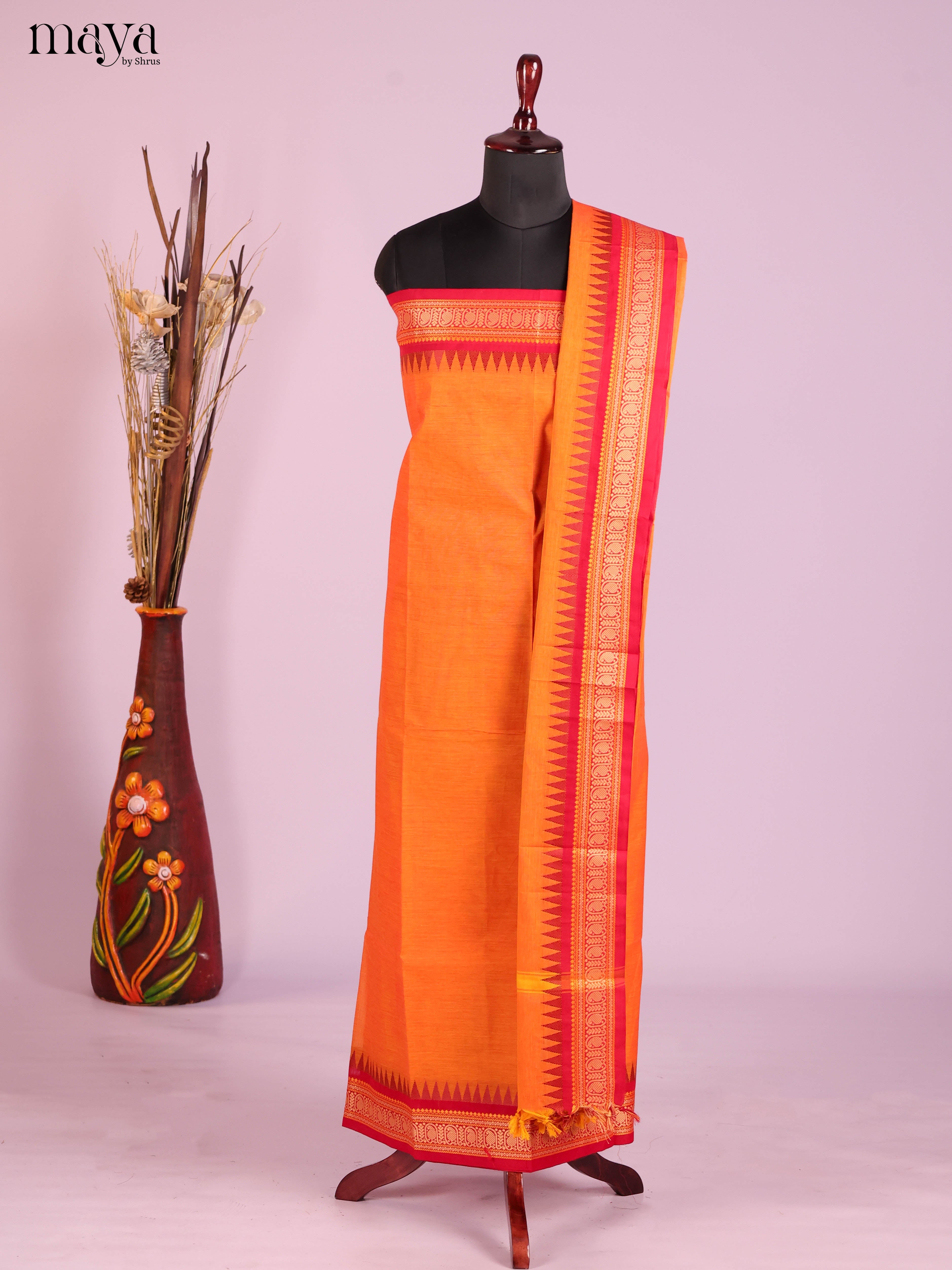 Bright Orange Chettinad top & dupatta Set With Zari Border