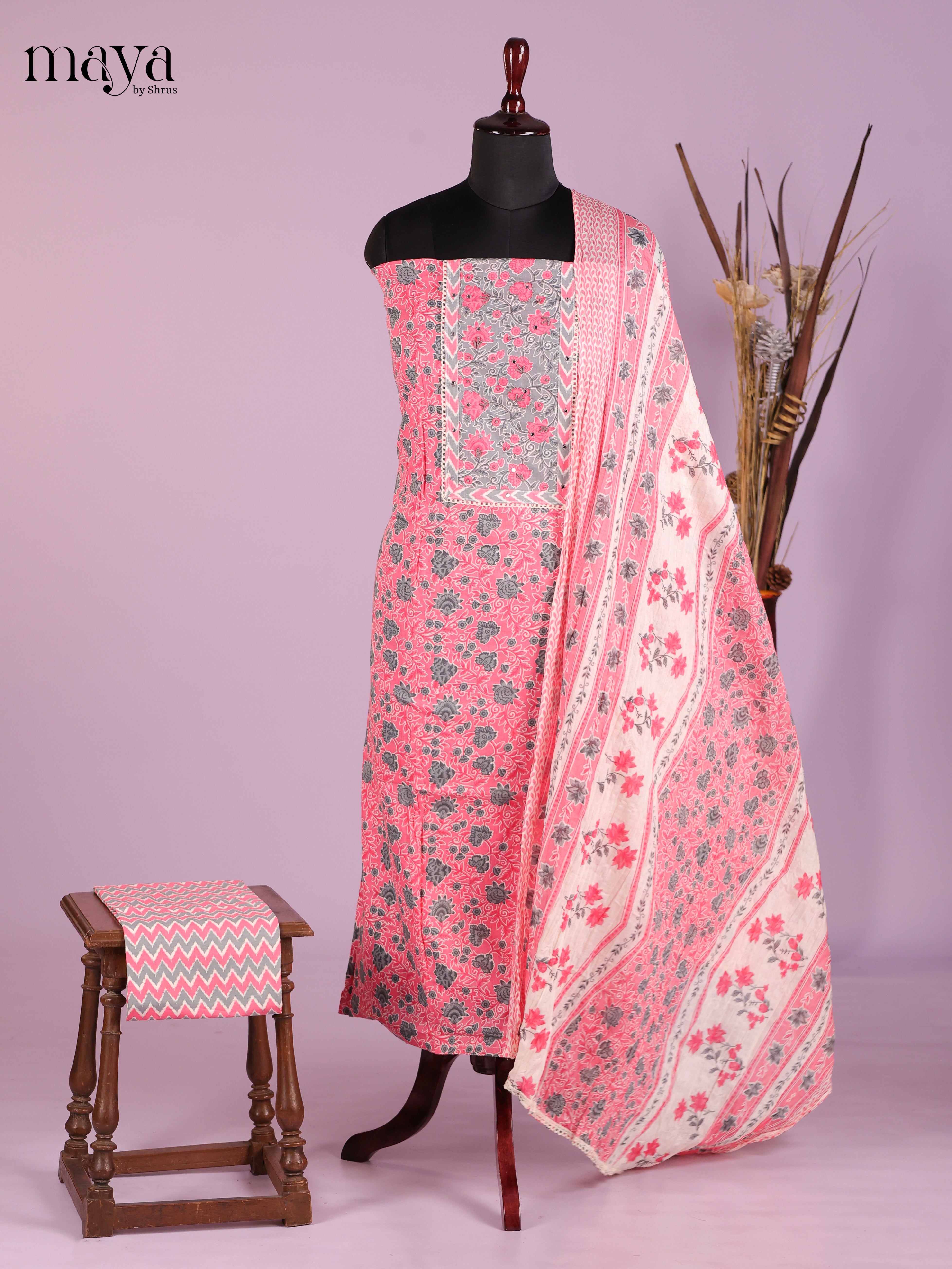 Pretty Pink & Grey Cotton Salwar Suit Material With Floral Patterns