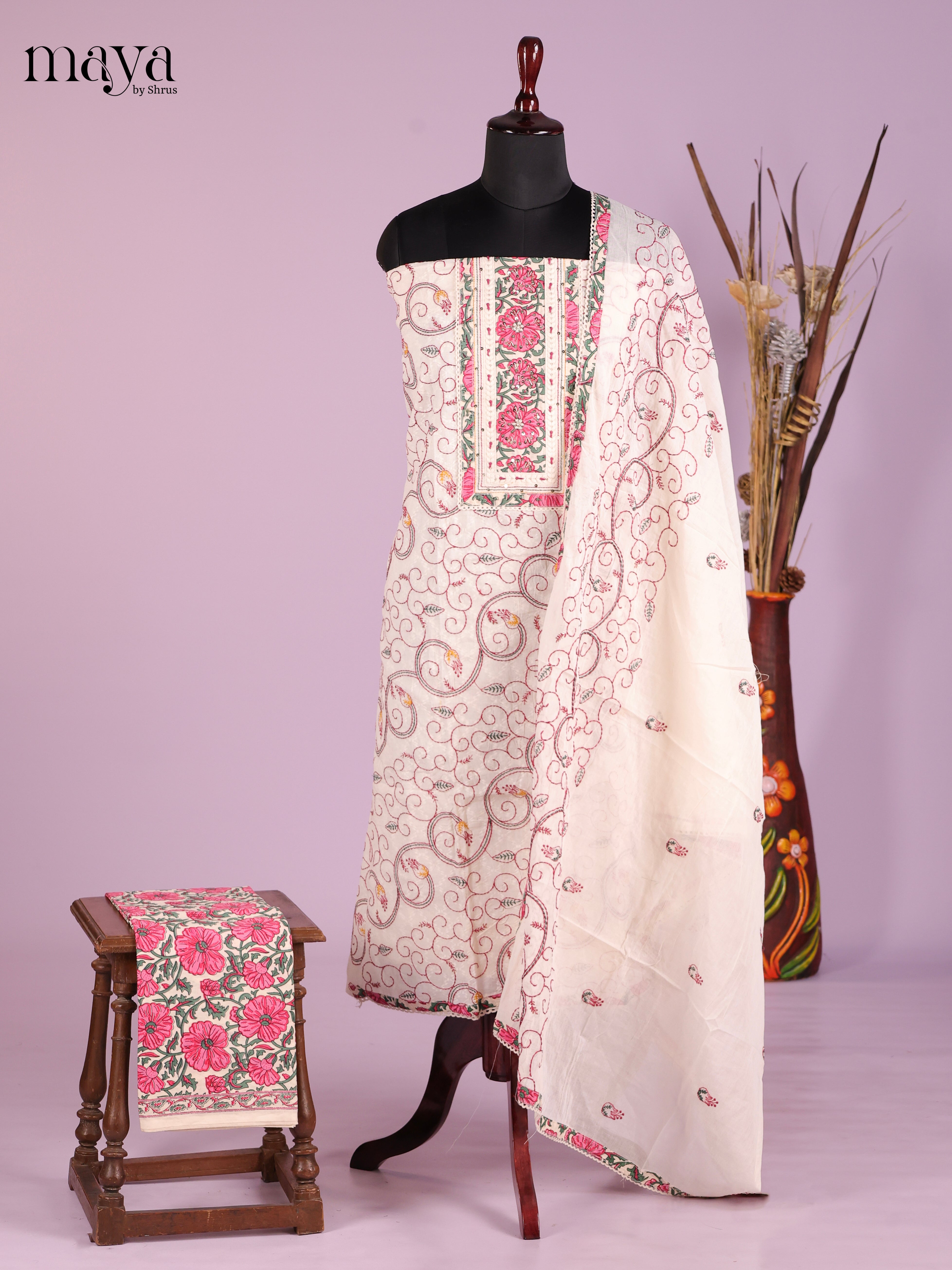 Graceful Cream & Pink Floral Cotton Salwar Suit Material