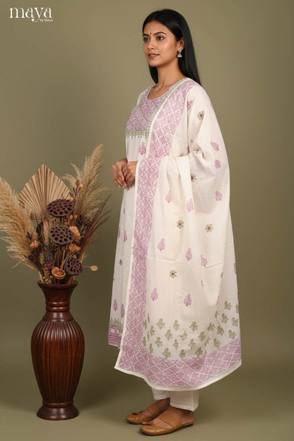 Elegant Half White Floral Printed Cotton Readymade 3 Piece Salwar Set