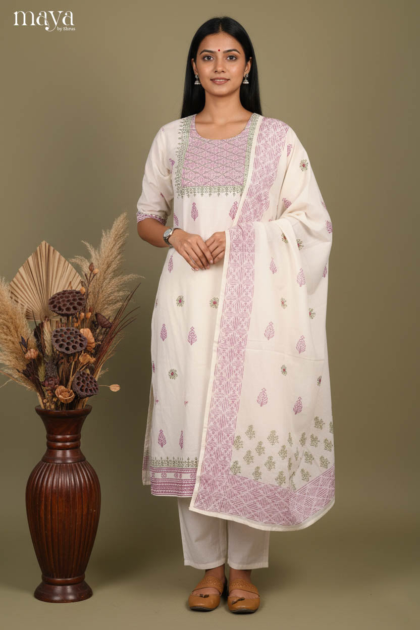 Elegant Half White Floral Printed Cotton Readymade 3 Piece Salwar Set