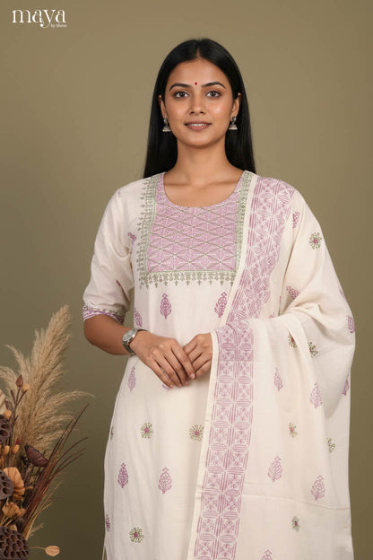 Elegant Half White Floral Printed Cotton Readymade 3 Piece Salwar Set