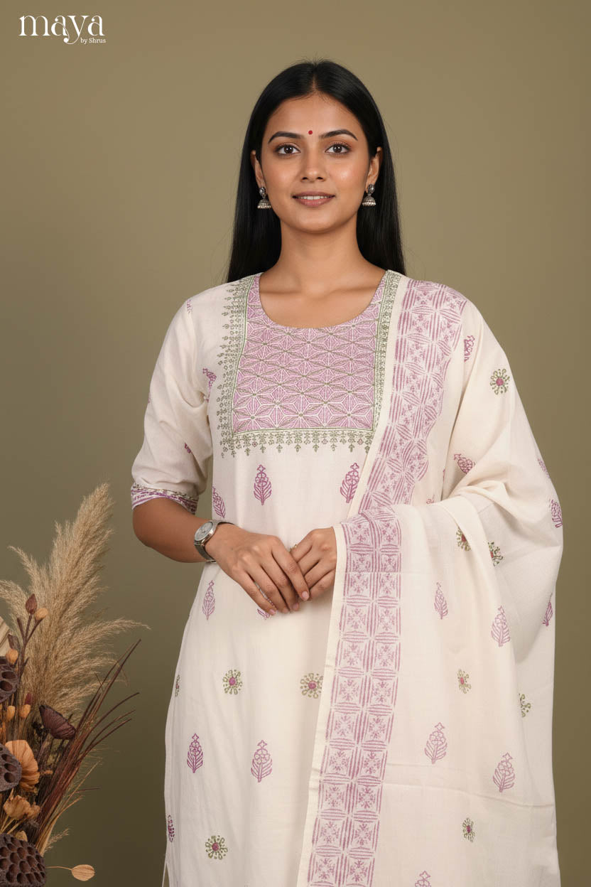 Elegant Half White Floral Printed Cotton Readymade 3 Piece Salwar Set