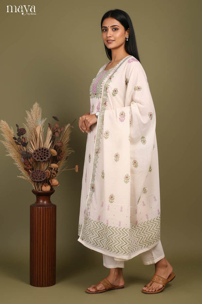 Chic Half White Floral Printed Cotton Readymade 3 Piece Salwar Set