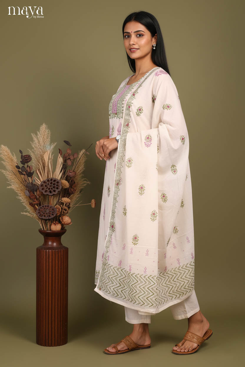 Chic Half White Floral Printed Cotton Readymade 3 Piece Salwar Set