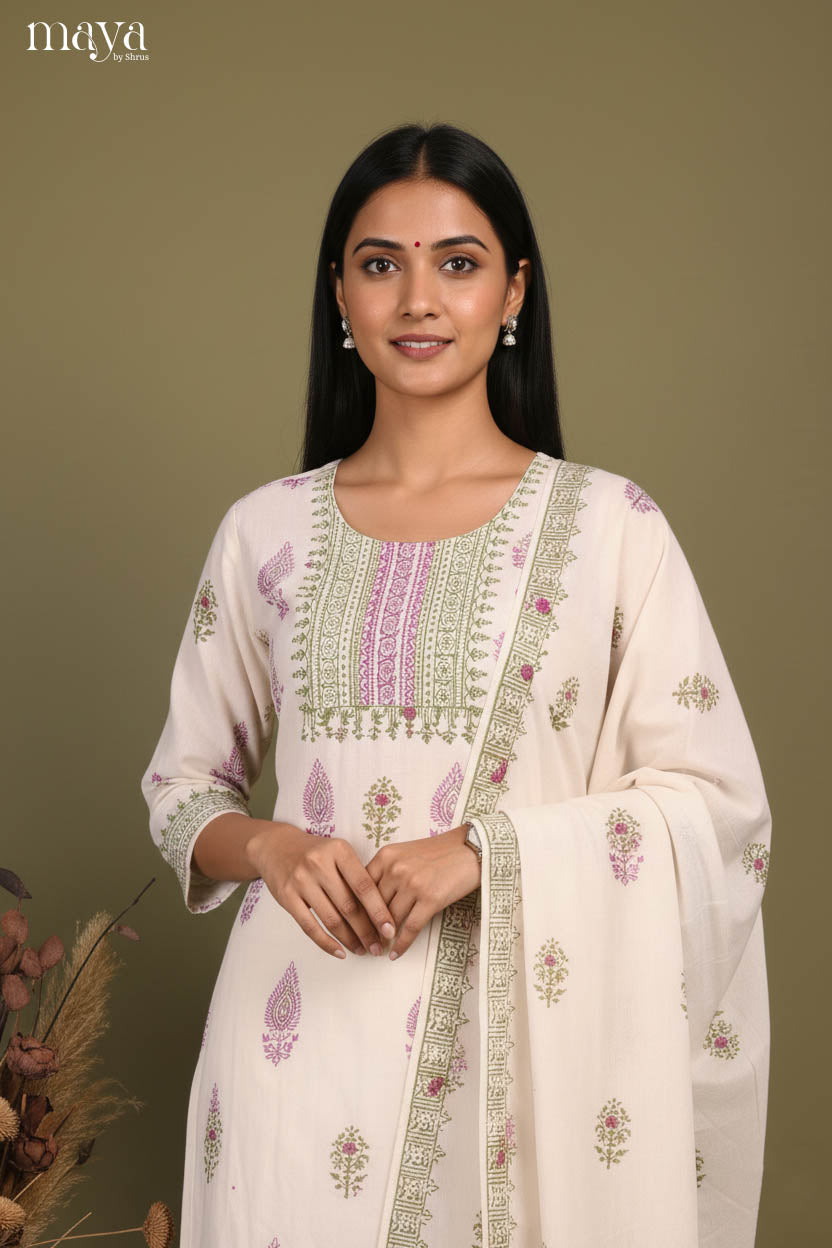 Chic Half White Floral Printed Cotton Readymade 3 Piece Salwar Set