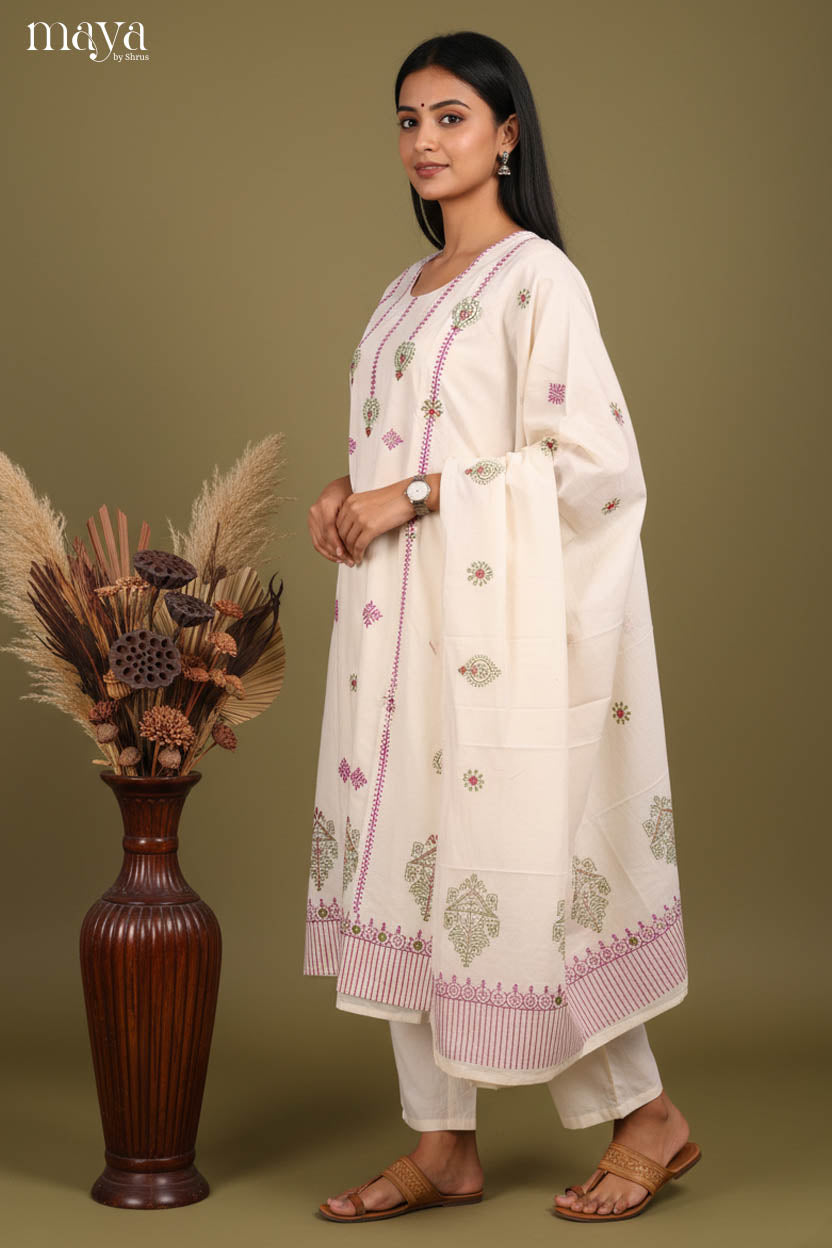 Breezy Off-white Readymade Salwar Suit with Floral Prints