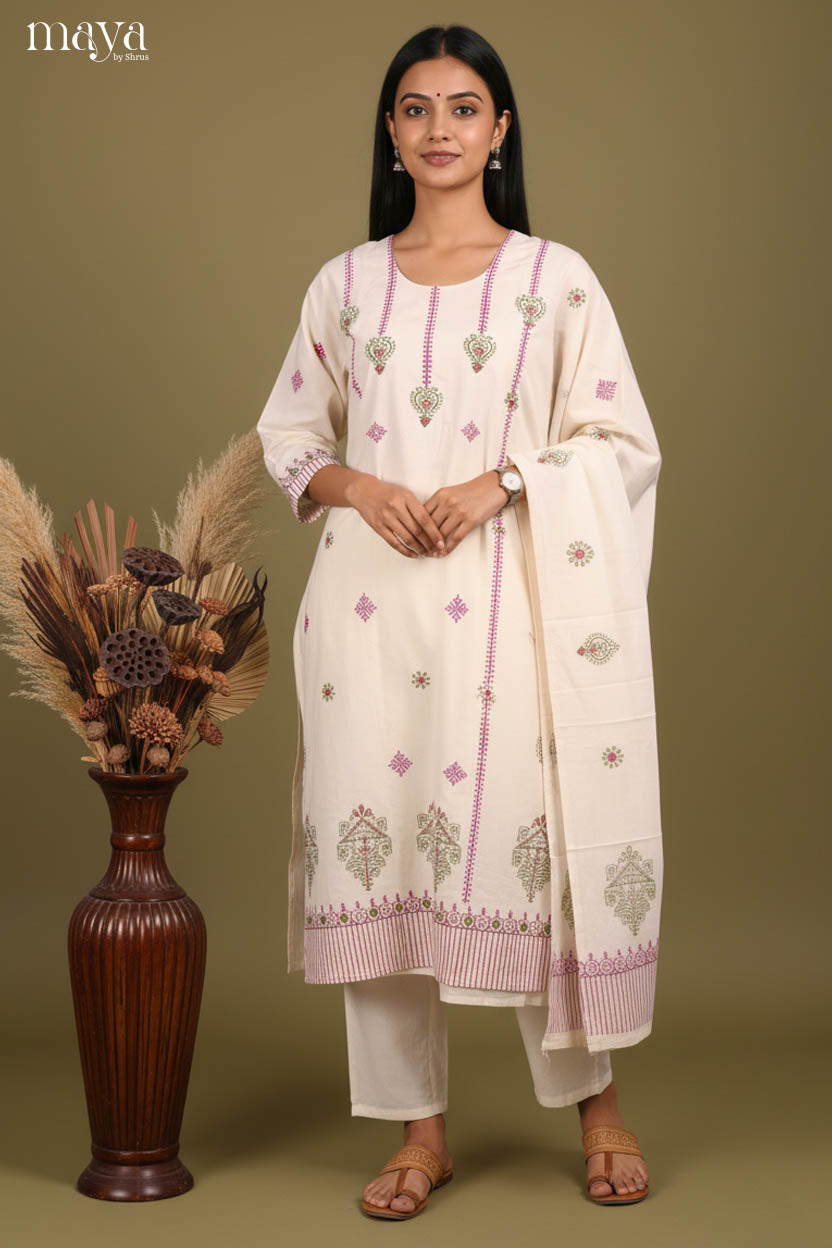 Breezy Off-white Readymade Salwar Suit with Floral Prints