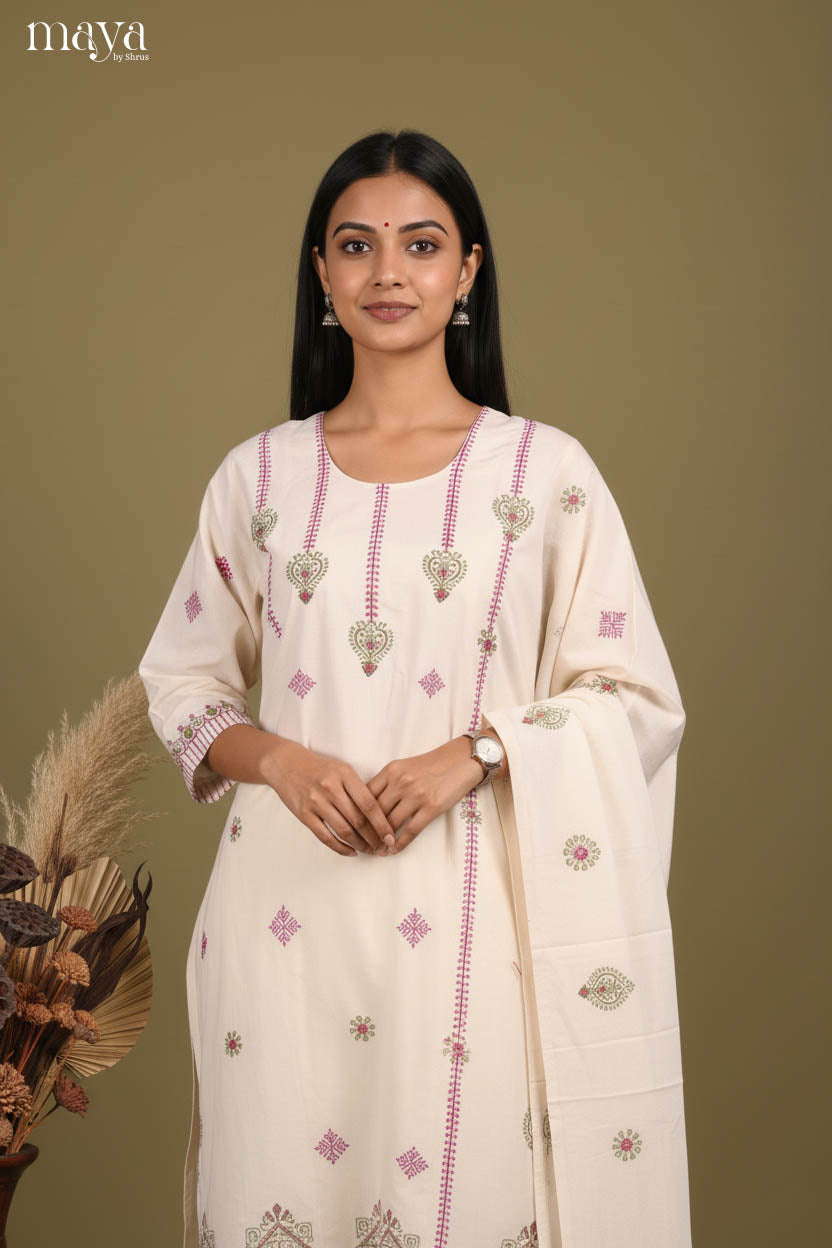 Breezy Off-white Readymade Salwar Suit with Floral Prints