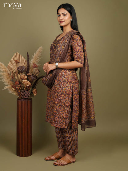 Exquisite Brown Floral Printed Cotton Readymade 3 Piece Salwar Set