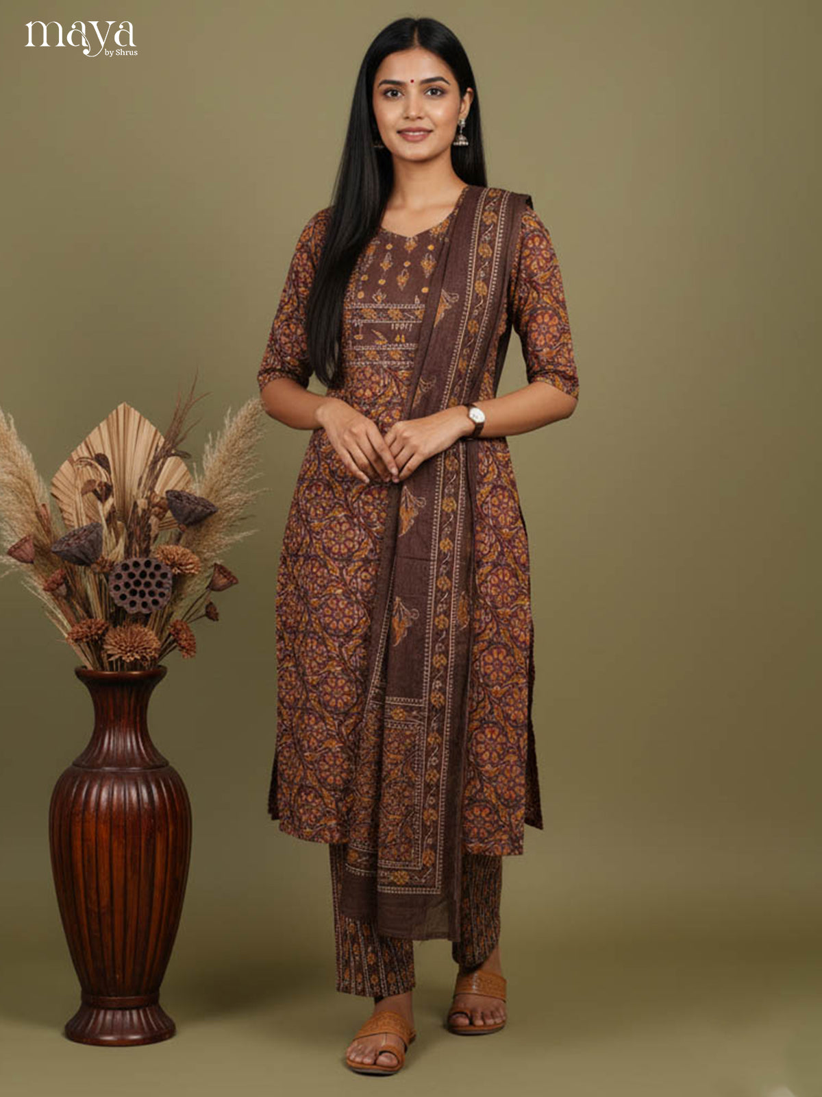 Exquisite Brown Floral Printed Cotton Readymade 3 Piece Salwar Set
