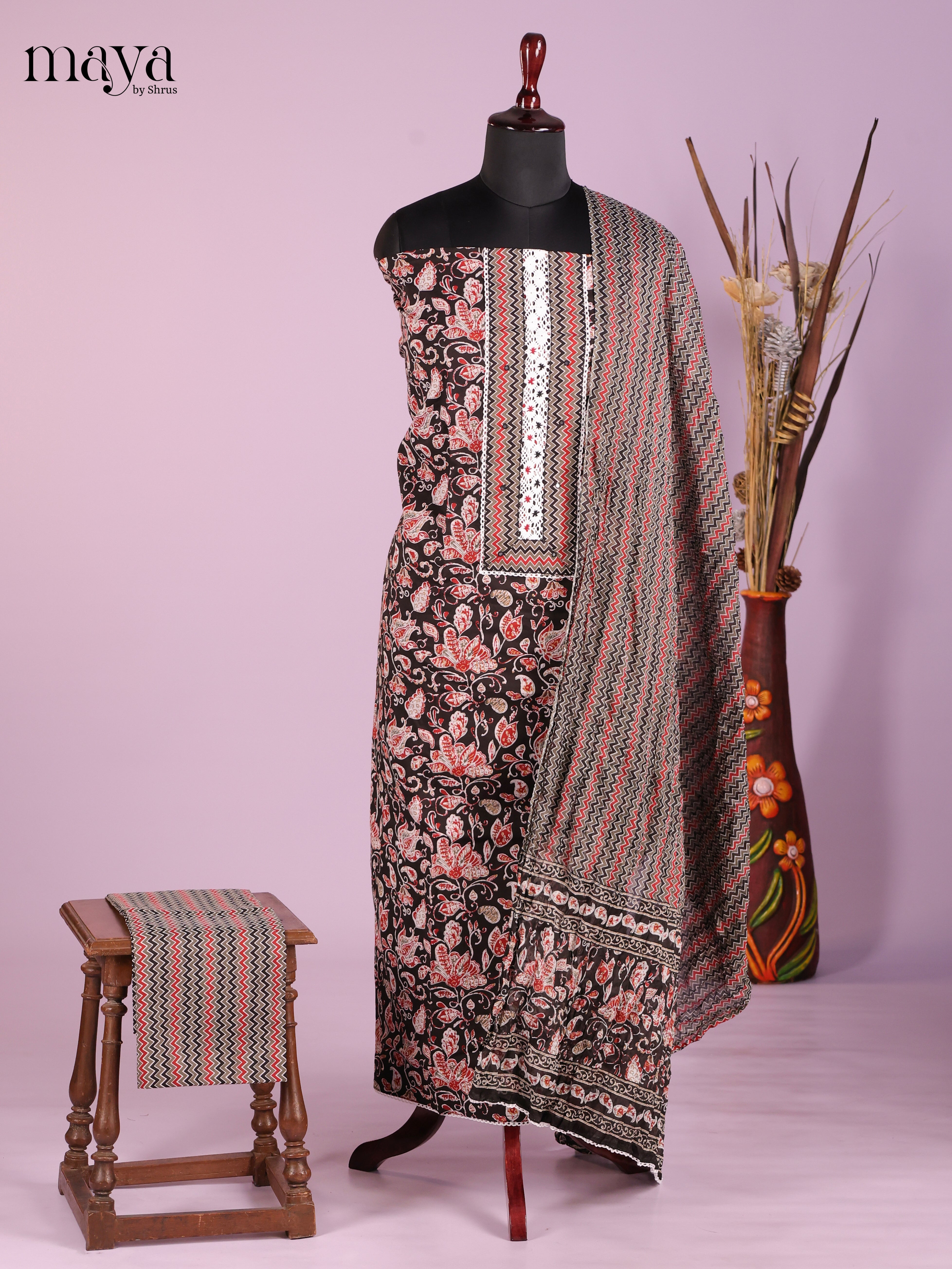 Graceful Black Cotton Unstitched Salwar Set With Kalamkari Floral Prints