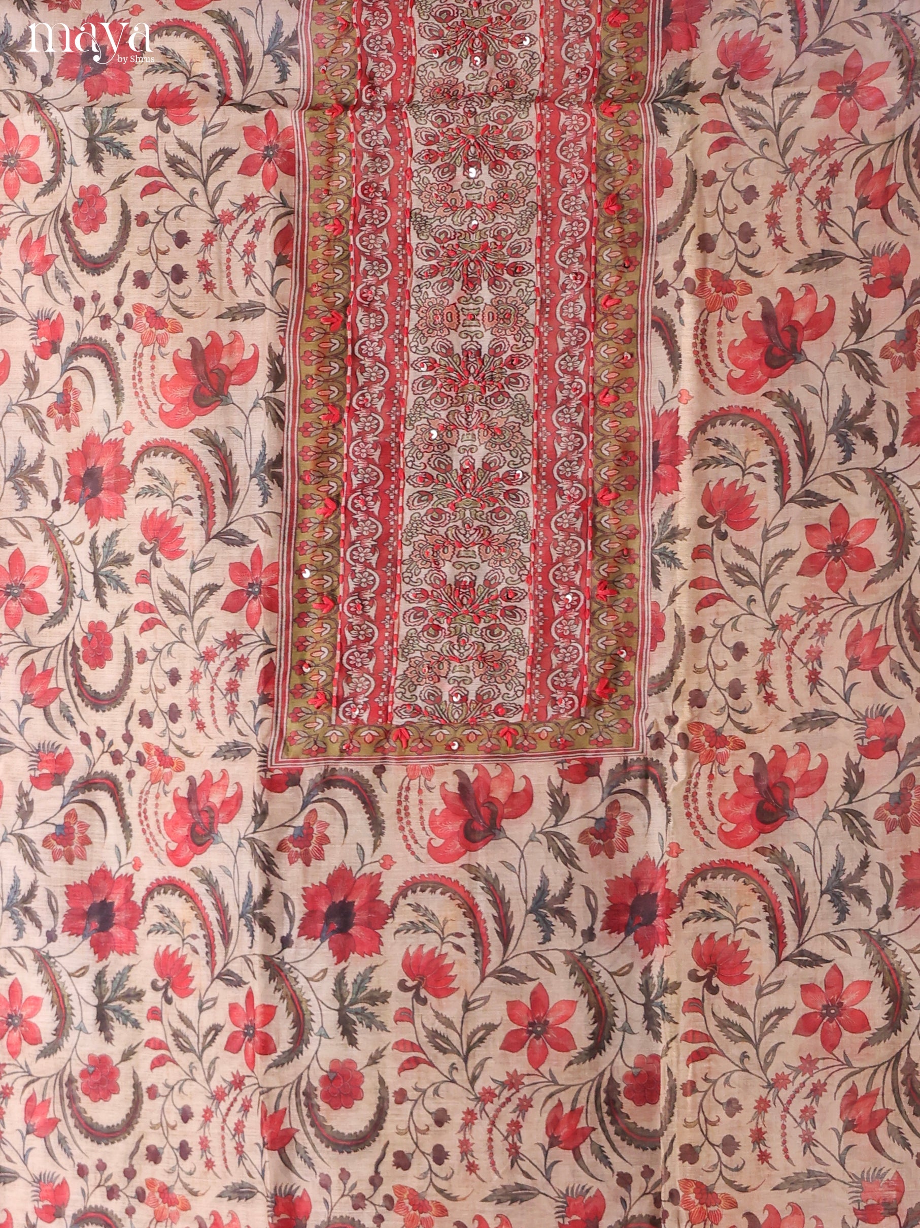 Cream & Green-Chanderi salwar Unstitch