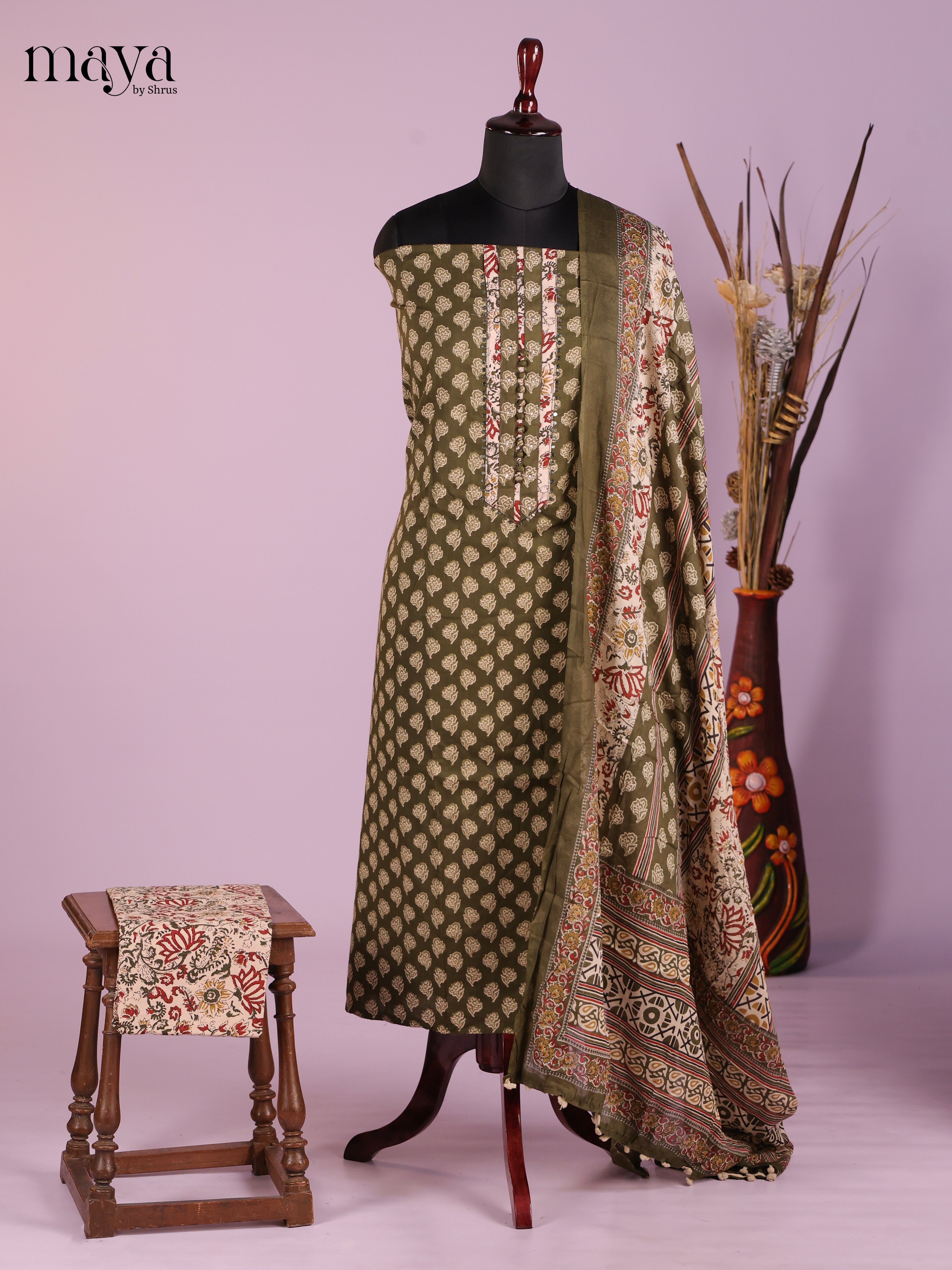 Earthy Olive Hand-Block Printed Cotton Salwar Set With Dupatta