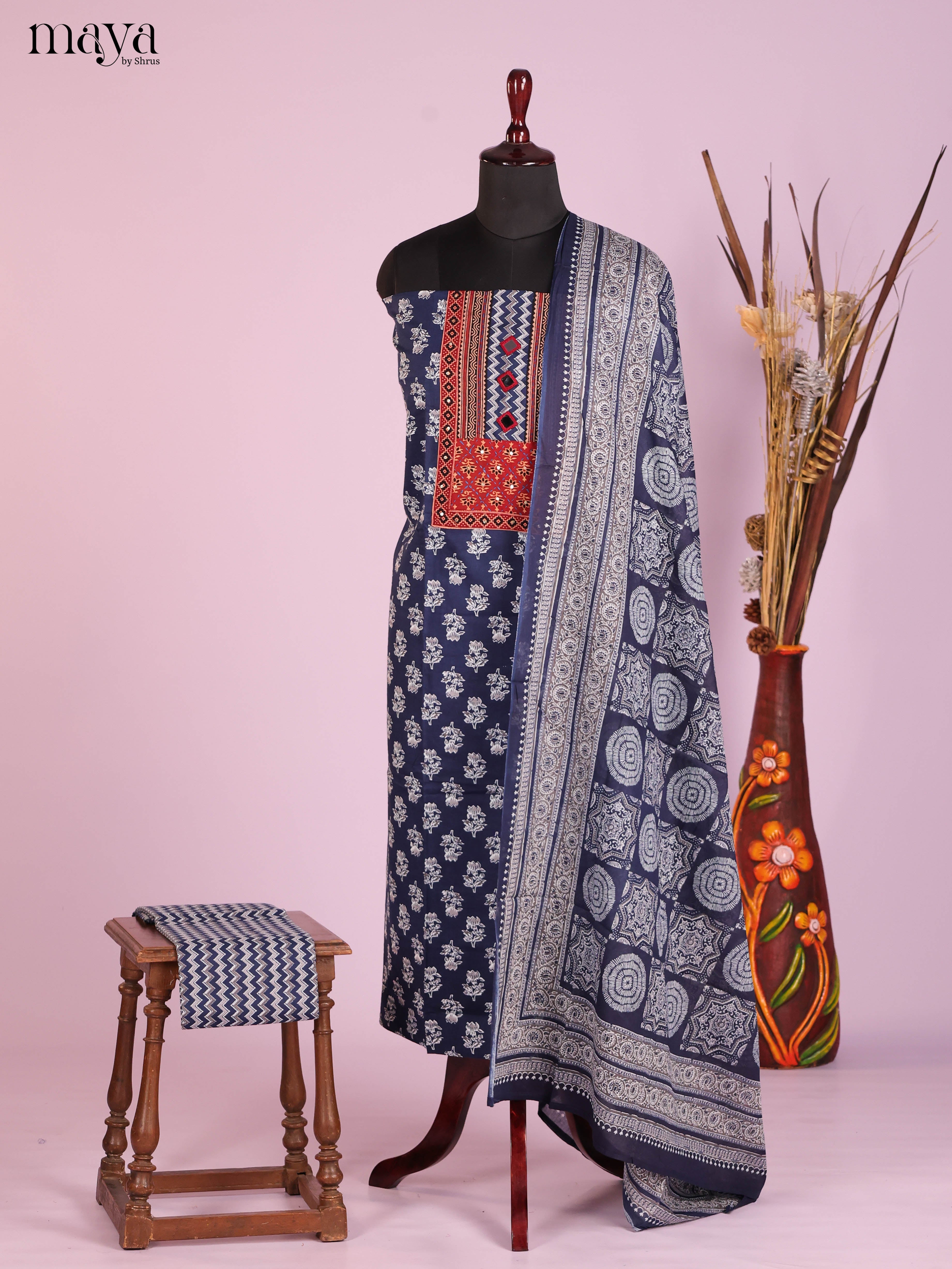 Stunning Blue Floral Printed Cotton Salwar Kameez Material