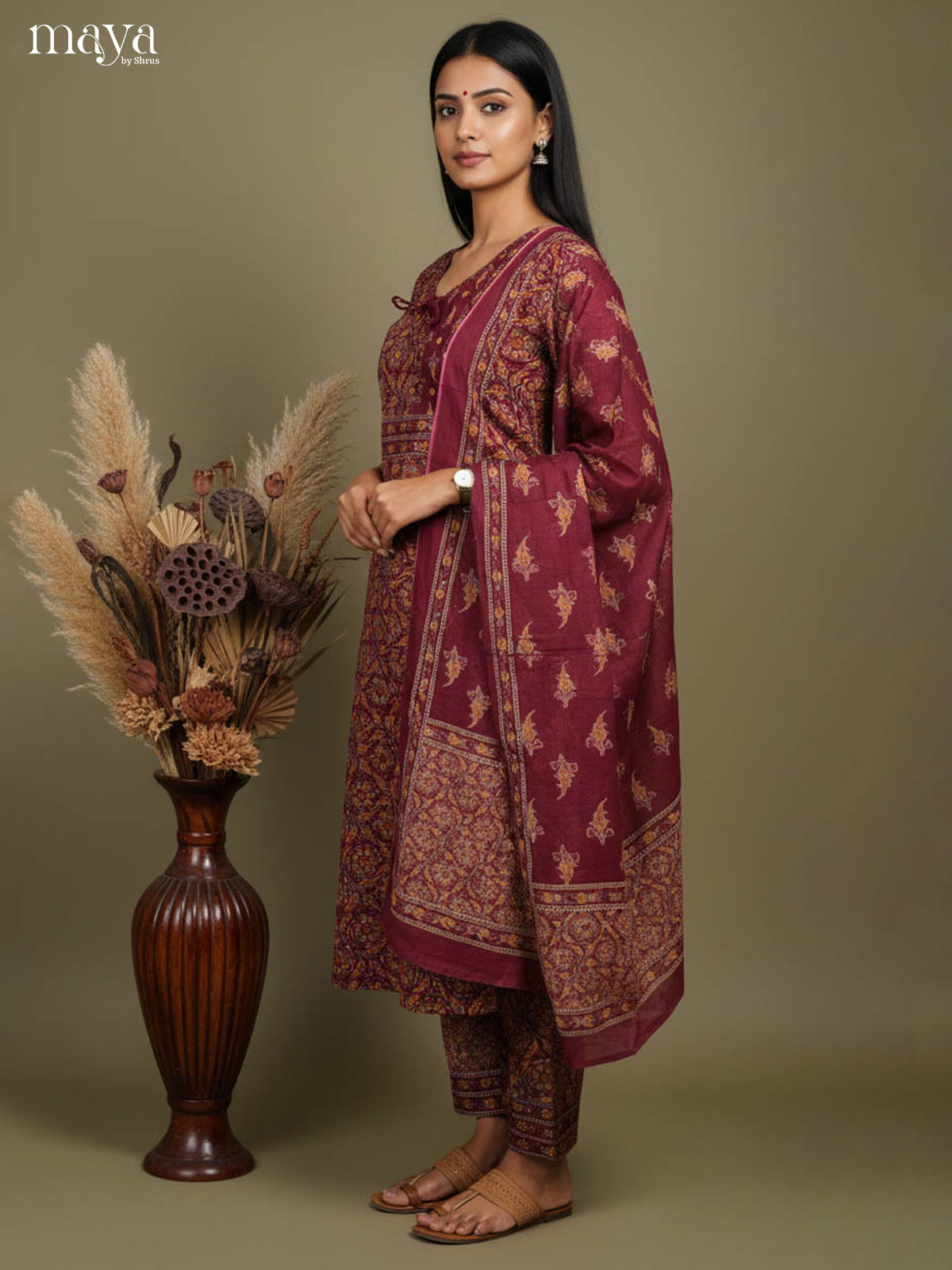 Classy Maroon Readymade Salwar Suit with Floral Prints