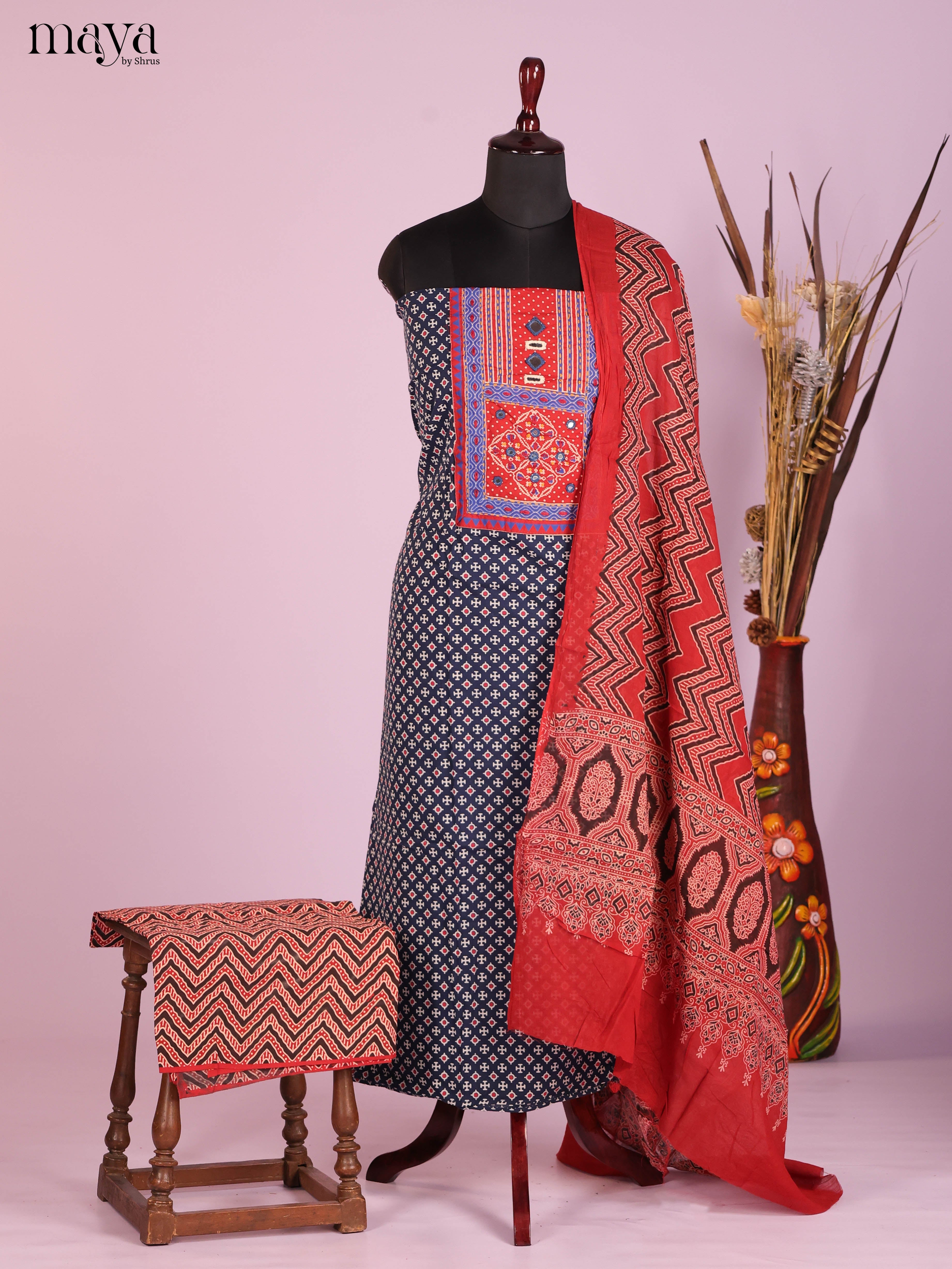 Classy Navy Blue Ajrakh Cotton Dress Material With Floral Prints