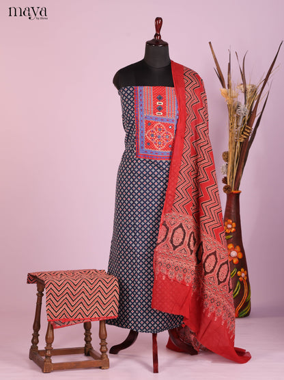 Classy Navy Blue Ajrakh Cotton Dress Material With Floral Prints