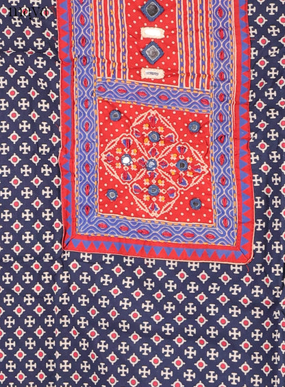Classy Navy Blue Ajrakh Cotton Dress Material With Floral Prints