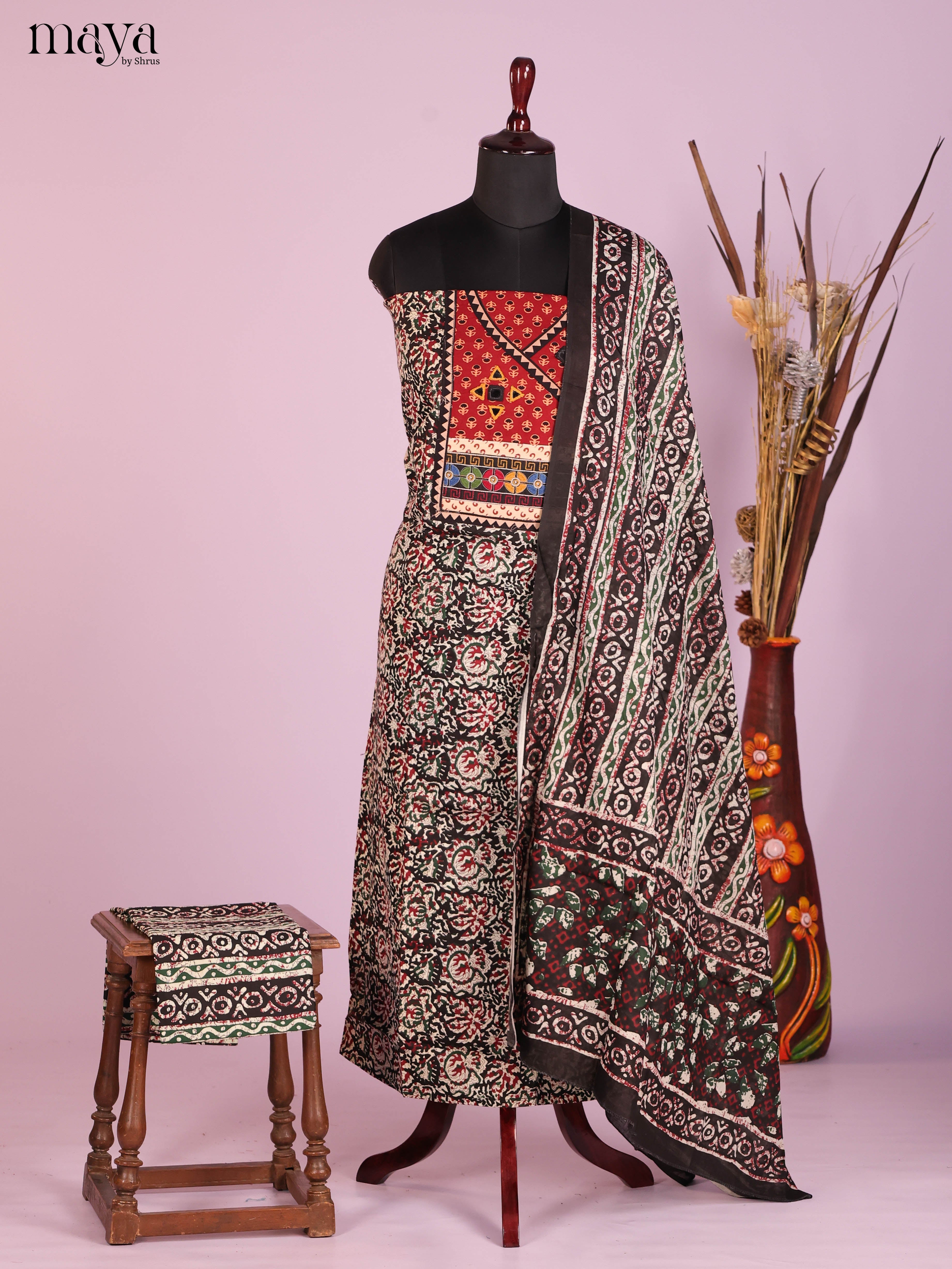 Stylish Black Ajrakh Cotton Salwar Material With Yoke Neck