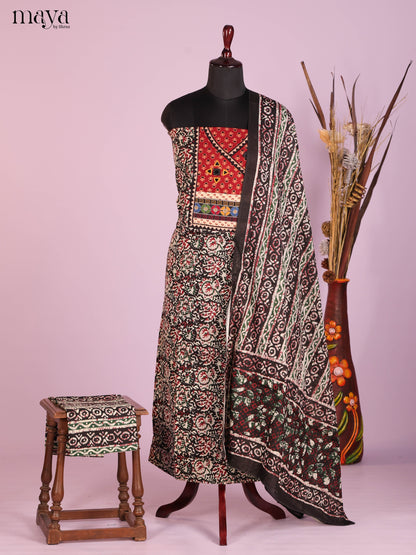 Stylish Black Ajrakh Cotton Salwar Material With Yoke Neck