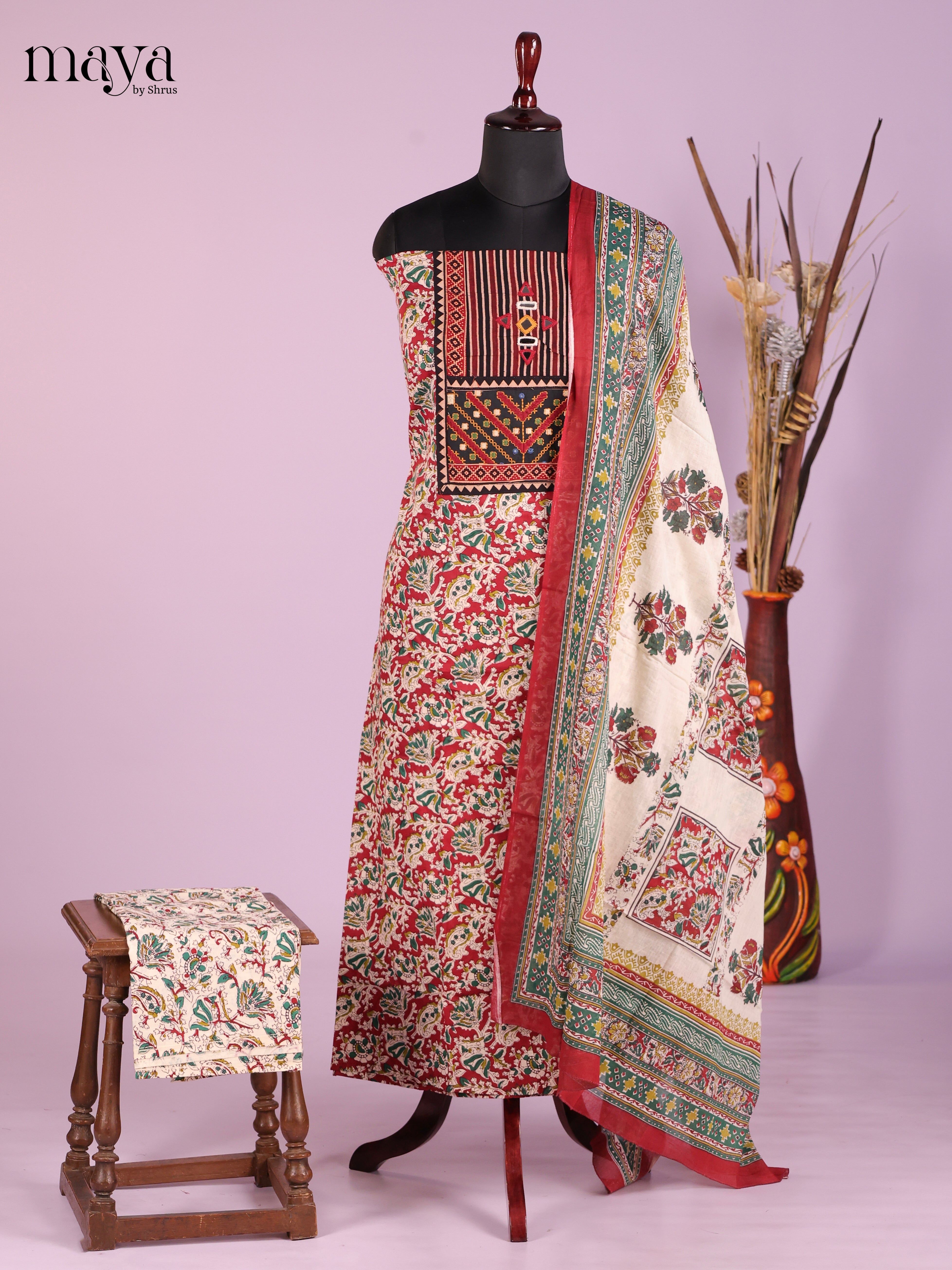 Comfy Red Ajrakh Cotton Dress Material With Yoke Neck