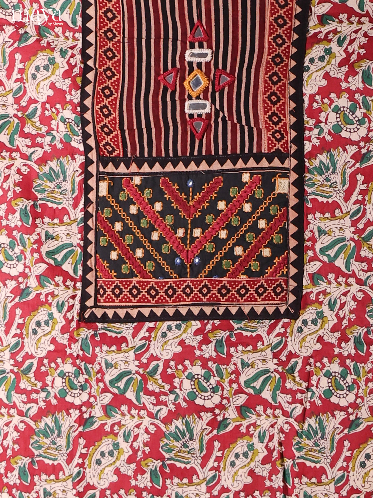 Comfy Red Ajrakh Cotton Dress Material With Yoke Neck