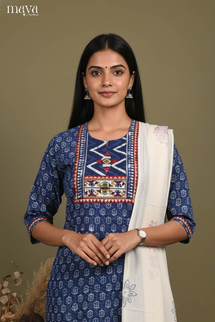 Elegant Navy Blue Floral Printed Cotton Readymade 3 Piece Salwar Set