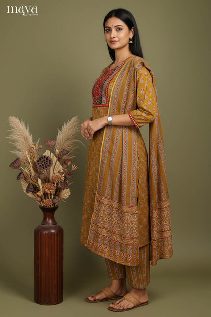 Vibrant Mustard Floral Printed Cotton Readymade 3 Piece Salwar Set
