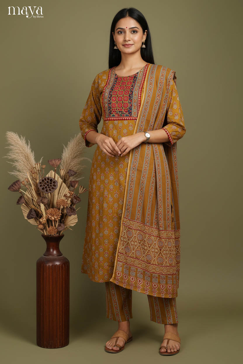 Vibrant Mustard Floral Printed Cotton Readymade 3 Piece Salwar Set