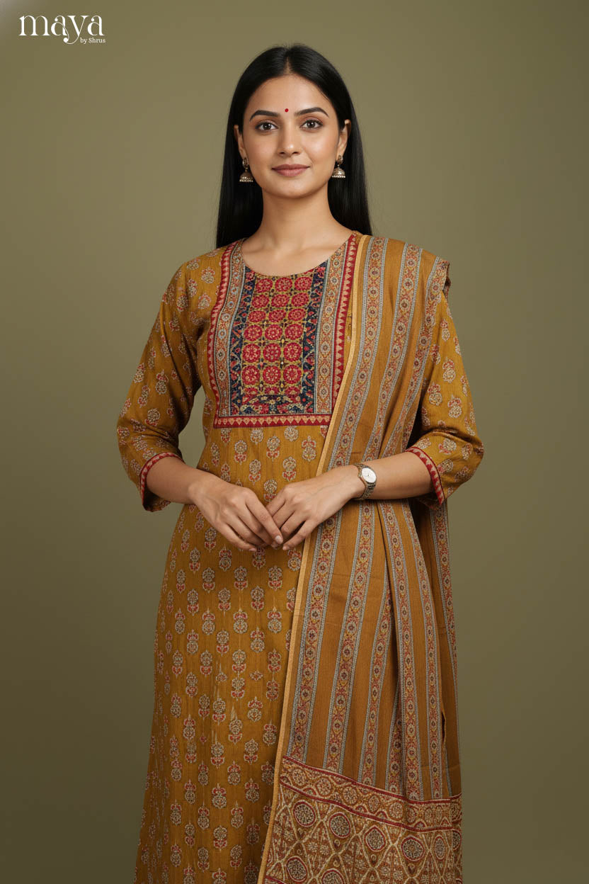 Vibrant Mustard Floral Printed Cotton Readymade 3 Piece Salwar Set