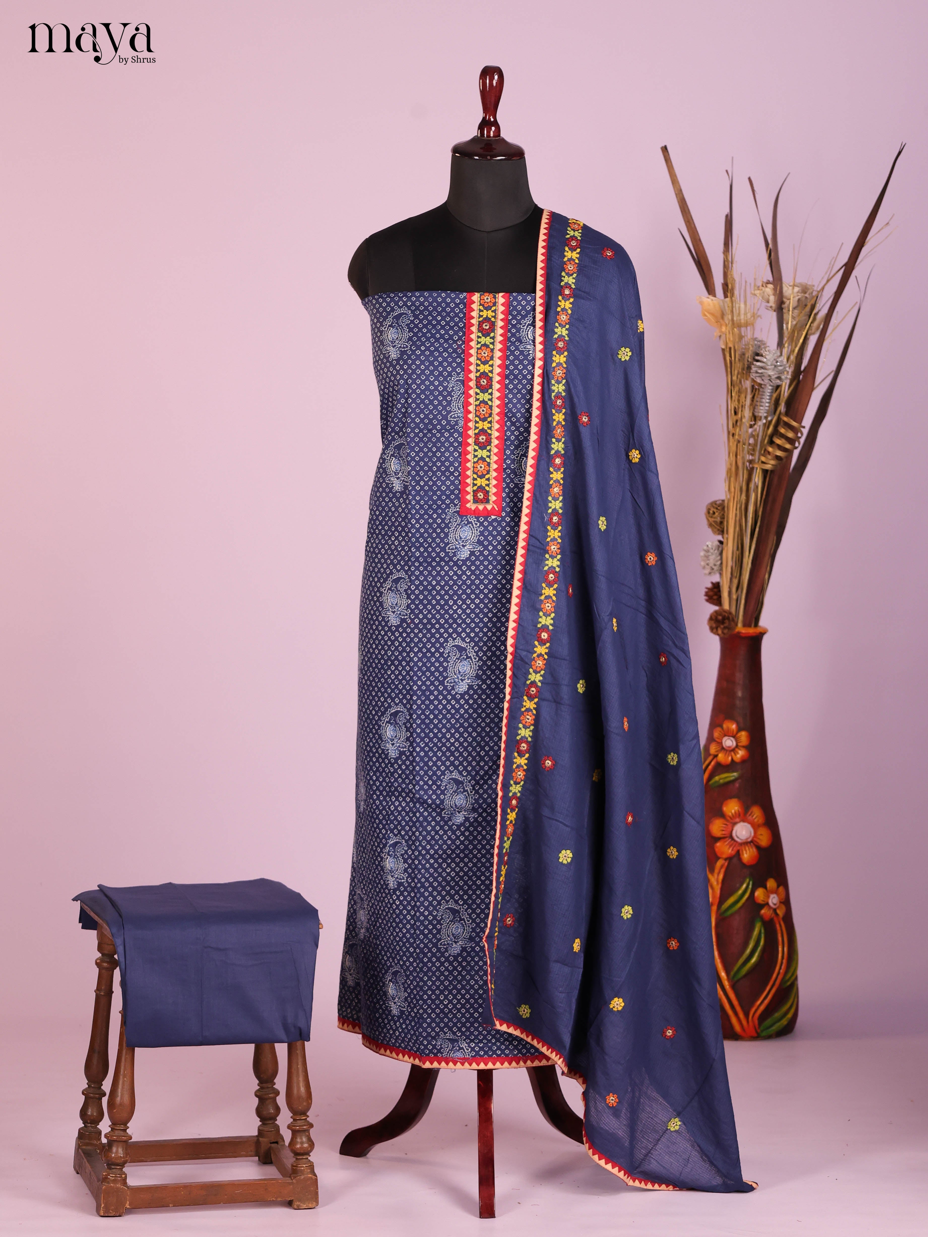 Artistic Blue Cotton Salwar Suit Material With Paisley Prints