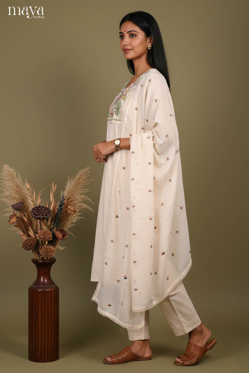 Elegant off-white Readymade Salwar Suit with Embroidered Yoke Neck