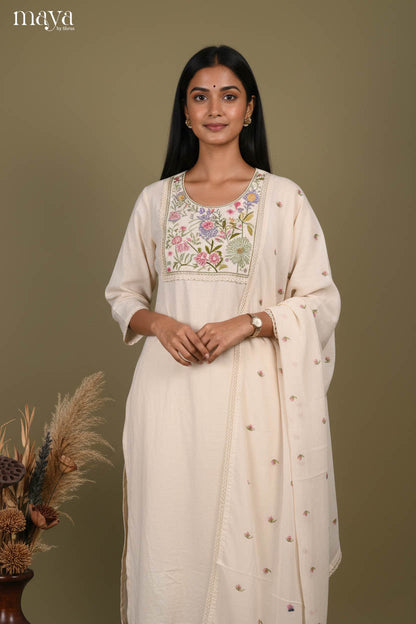 Elegant off-white Readymade Salwar Suit with Embroidered Yoke Neck