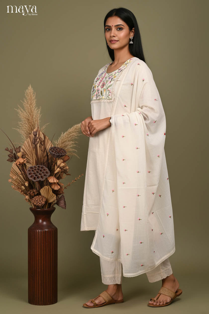 Ethereal off-white Readymade Salwar Suit with Embroidered Yoke Neck