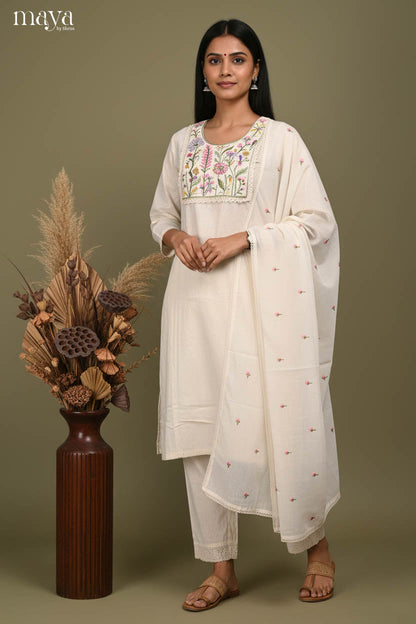 Ethereal off-white Readymade Salwar Suit with Embroidered Yoke Neck