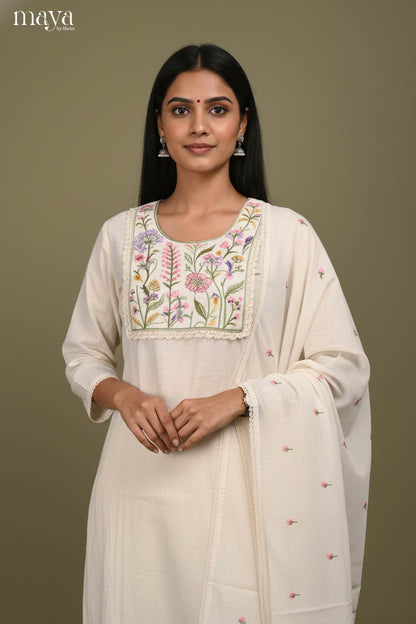 Ethereal off-white Readymade Salwar Suit with Embroidered Yoke Neck