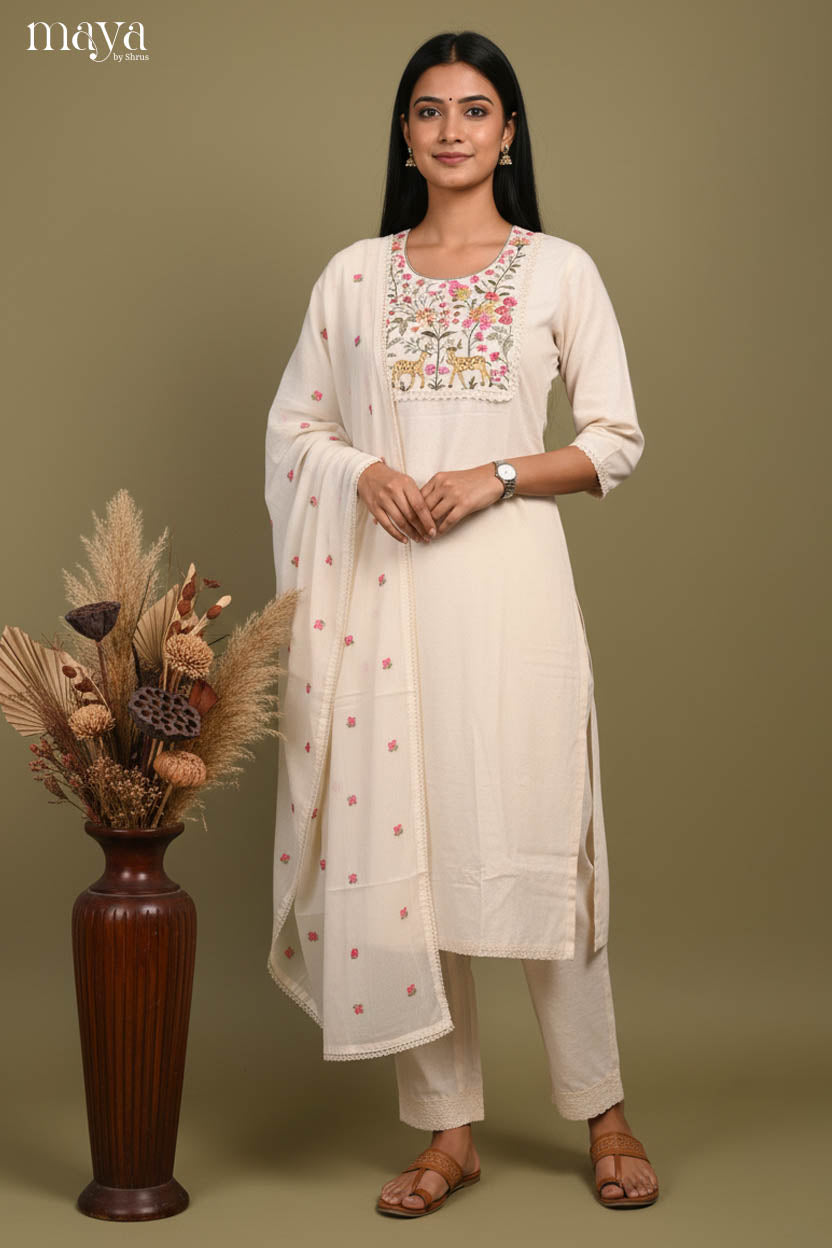 Beautiful Off-white Readymade Salwar Set with Embroidered Yoke Neck