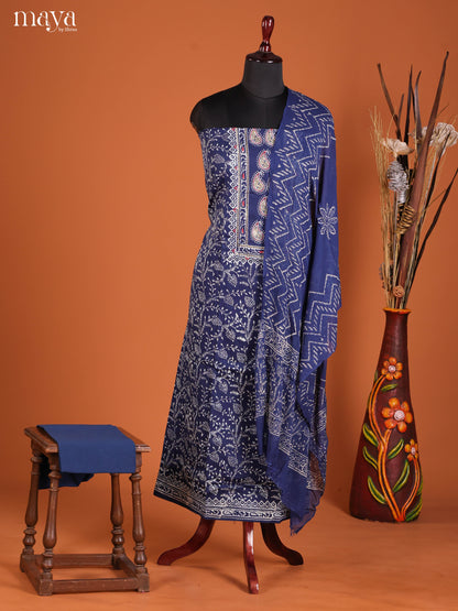 Stunning Royal Blue Ajrakh Cotton Suit Set With Floral Vines