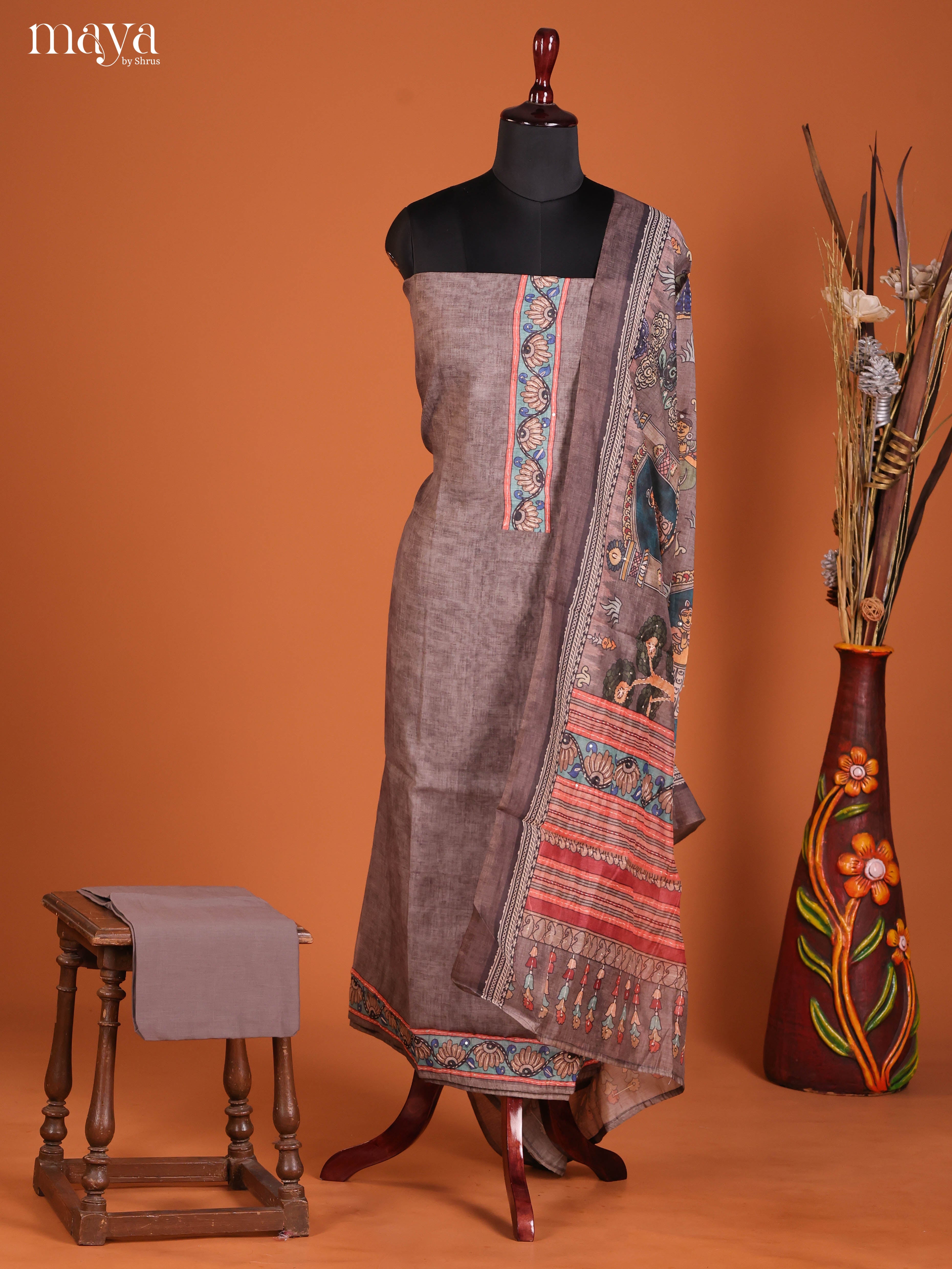Graceful Grey Ajrakh Cotton Dress Material With Printed Dupatta